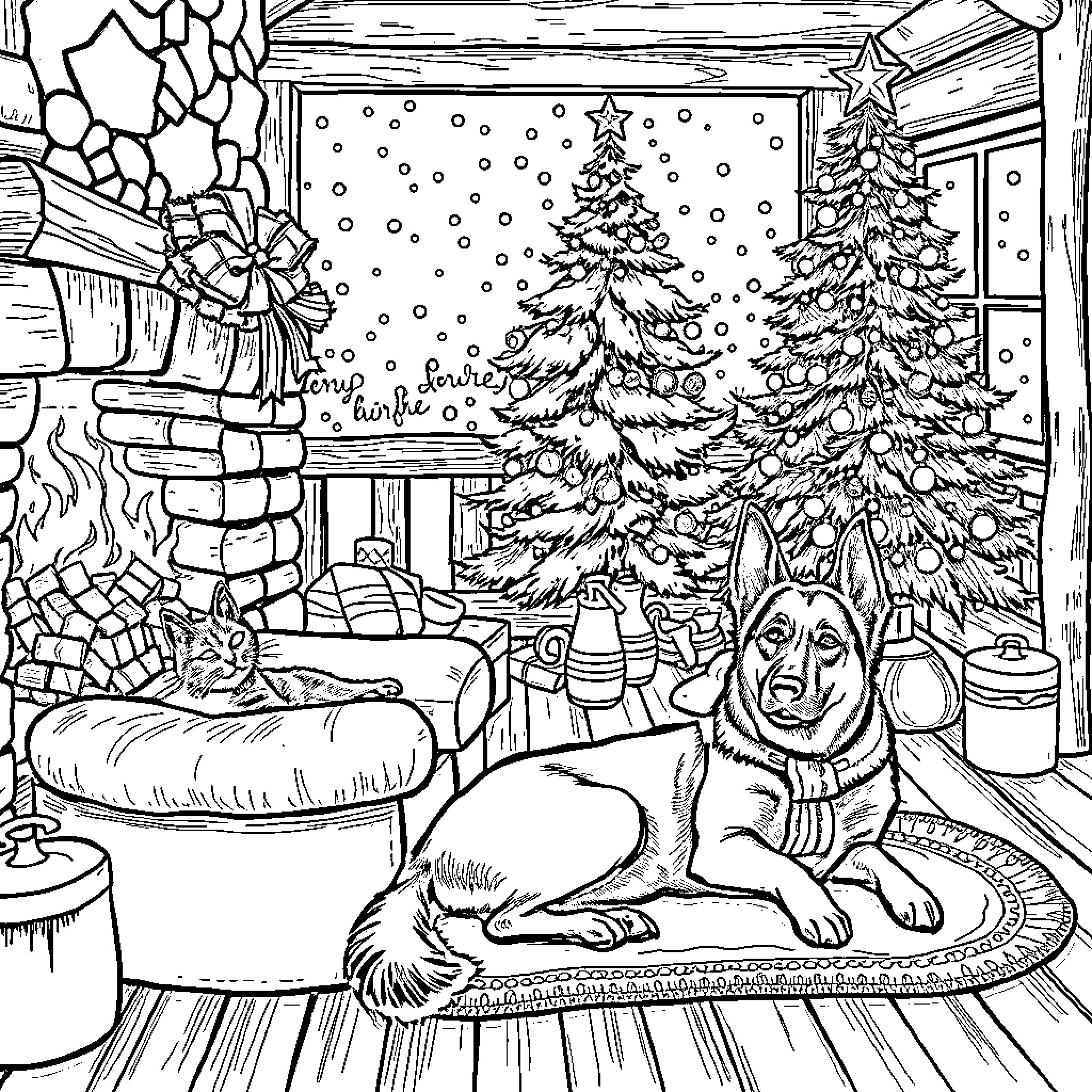 Cat enjoying cozy winter scene by the fireplace Coloring Page (free black-and-white line drawing printable PDF for all, from beginners to advanced learners, including children, teens, adults, and seniors)
