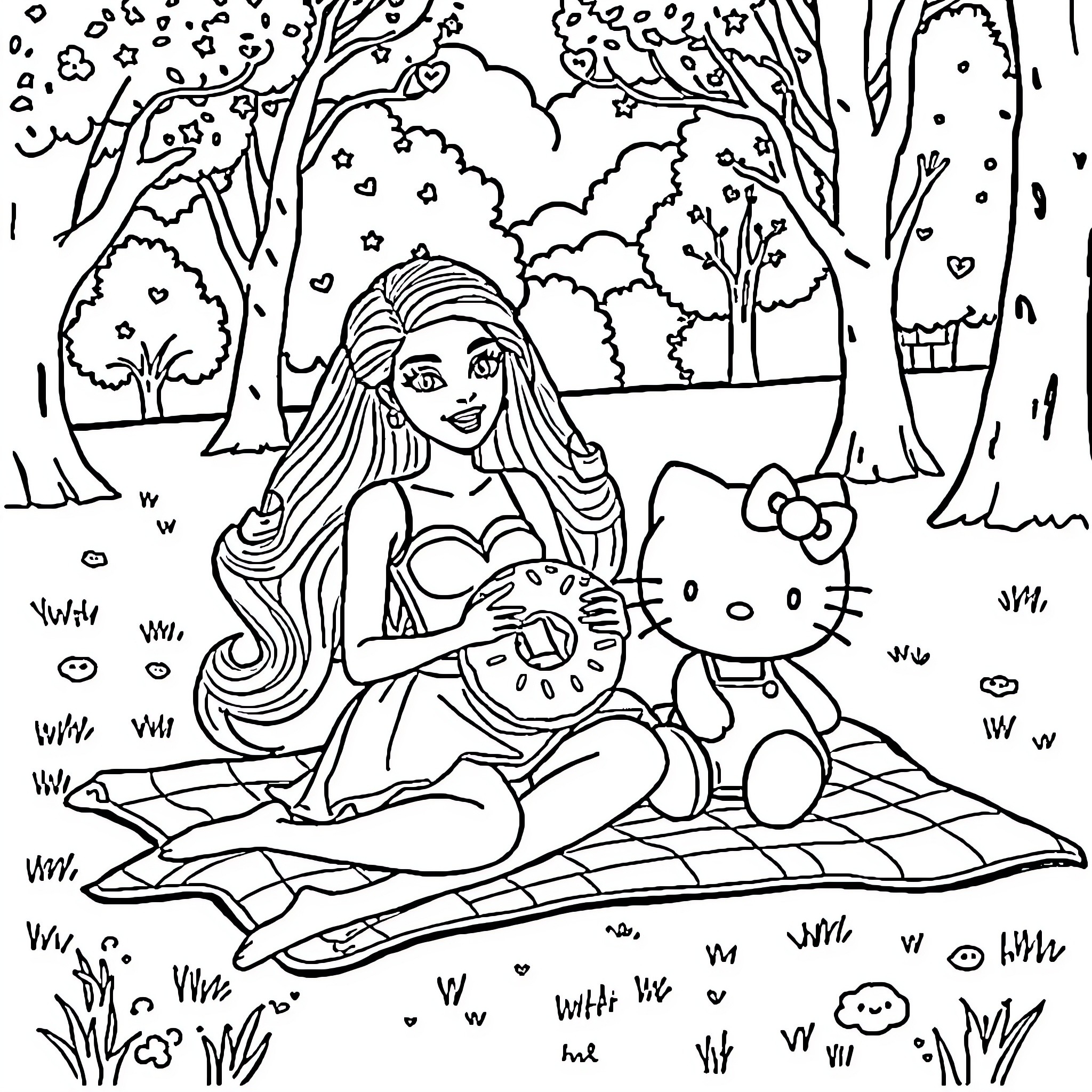 Barbie enjoying a picnic with Hello Kitty in the park Coloring Page (free black-and-white line drawing printable PDF for all, from beginners to advanced learners, including children, teens, adults, and seniors)