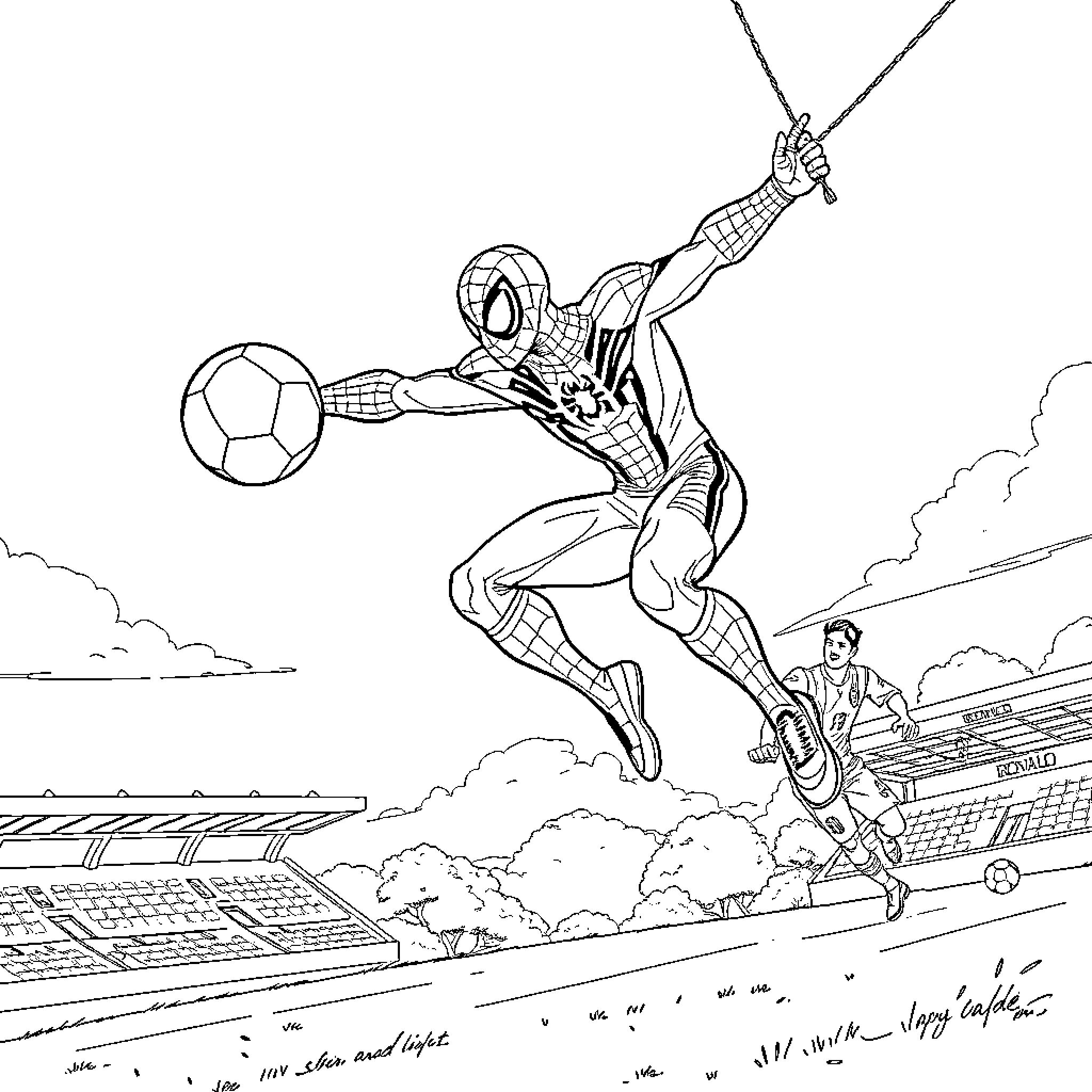 Spiderman performing acrobatics with a soccer ball Coloring Page (free black-and-white line drawing printable PDF for all, from beginners to advanced learners, including children, teens, adults, and seniors)