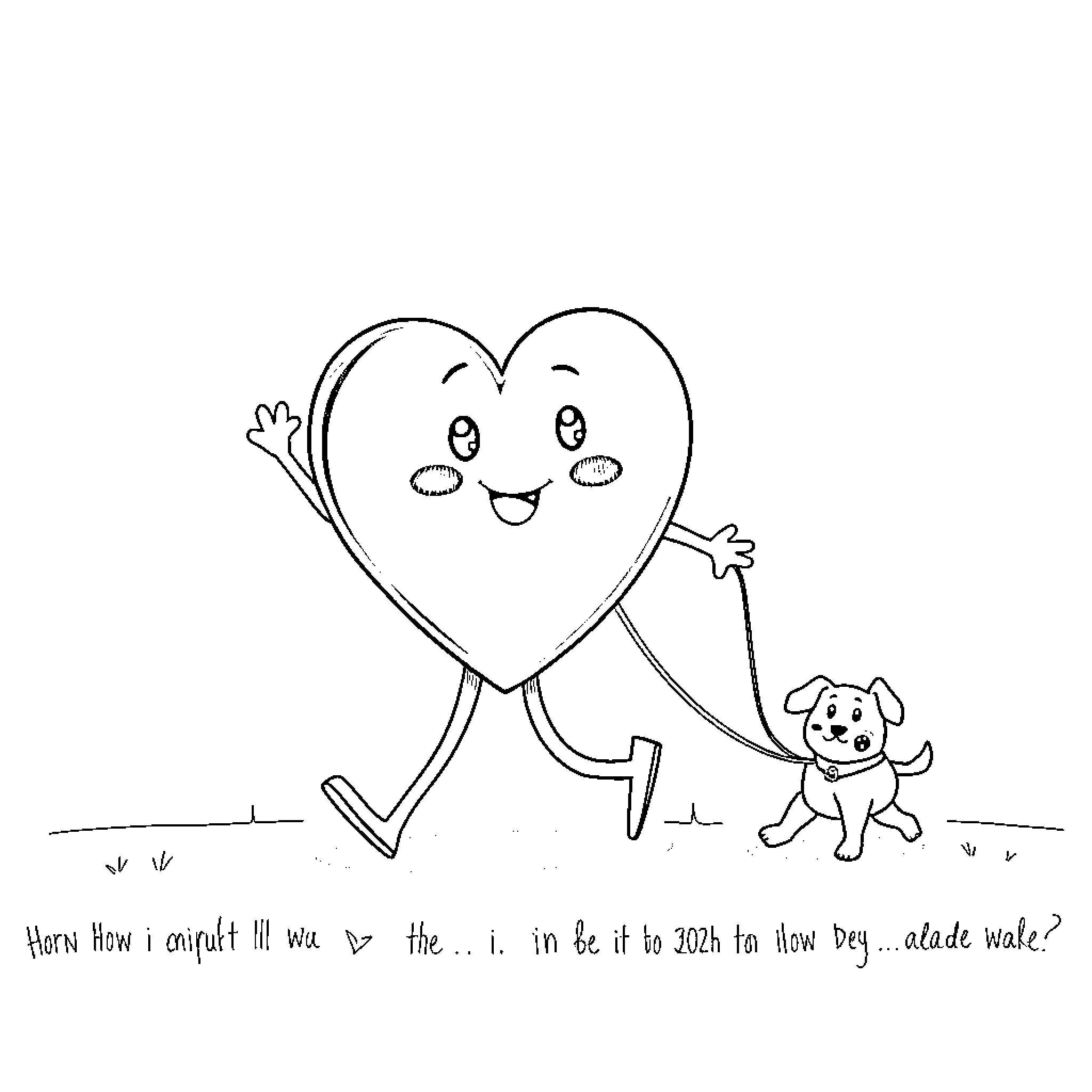 Heart Walks Its Cute Puppy Friend Coloring Page (free black-and-white line drawing printable PDF for all, from beginners to advanced learners, including children, teens, adults, and seniors)