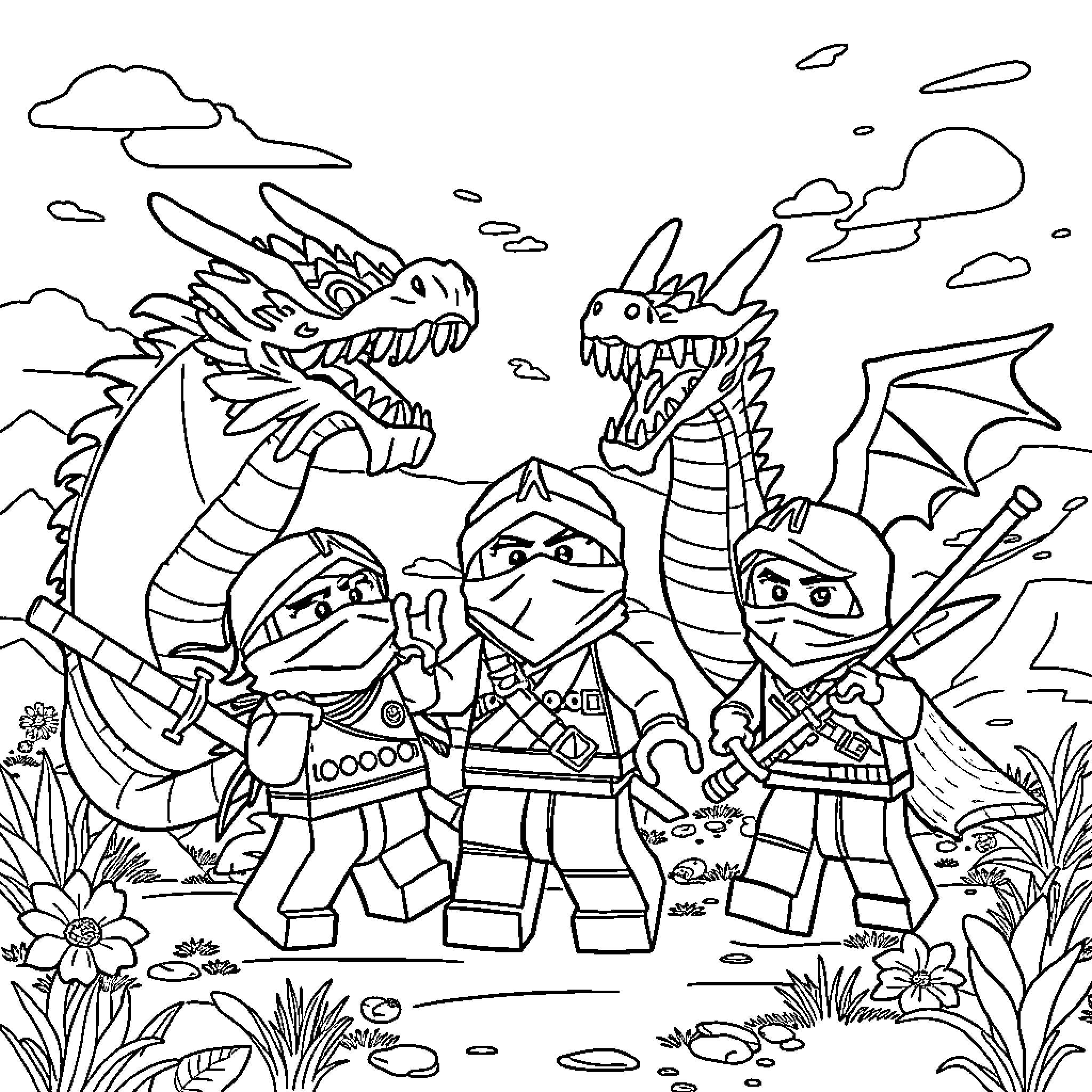 Ninjago characters in action-packed scene Coloring Page (free black-and-white line drawing printable PDF for all, from beginners to advanced learners, including children, teens, adults, and seniors)