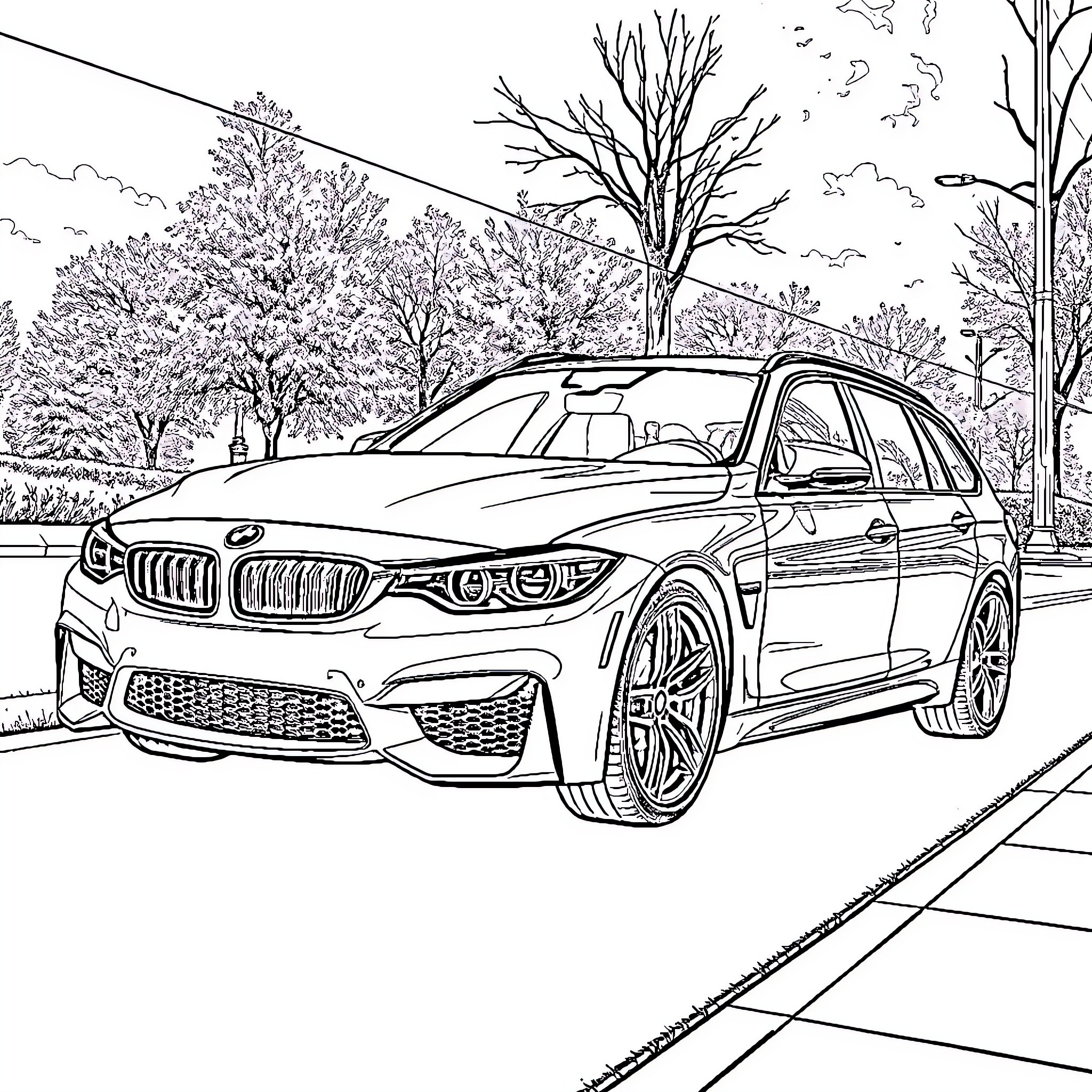BMW sports car on snowy winter road Coloring Page (free black-and-white line drawing printable PDF for all, from beginners to advanced learners, including children, teens, adults, and seniors)