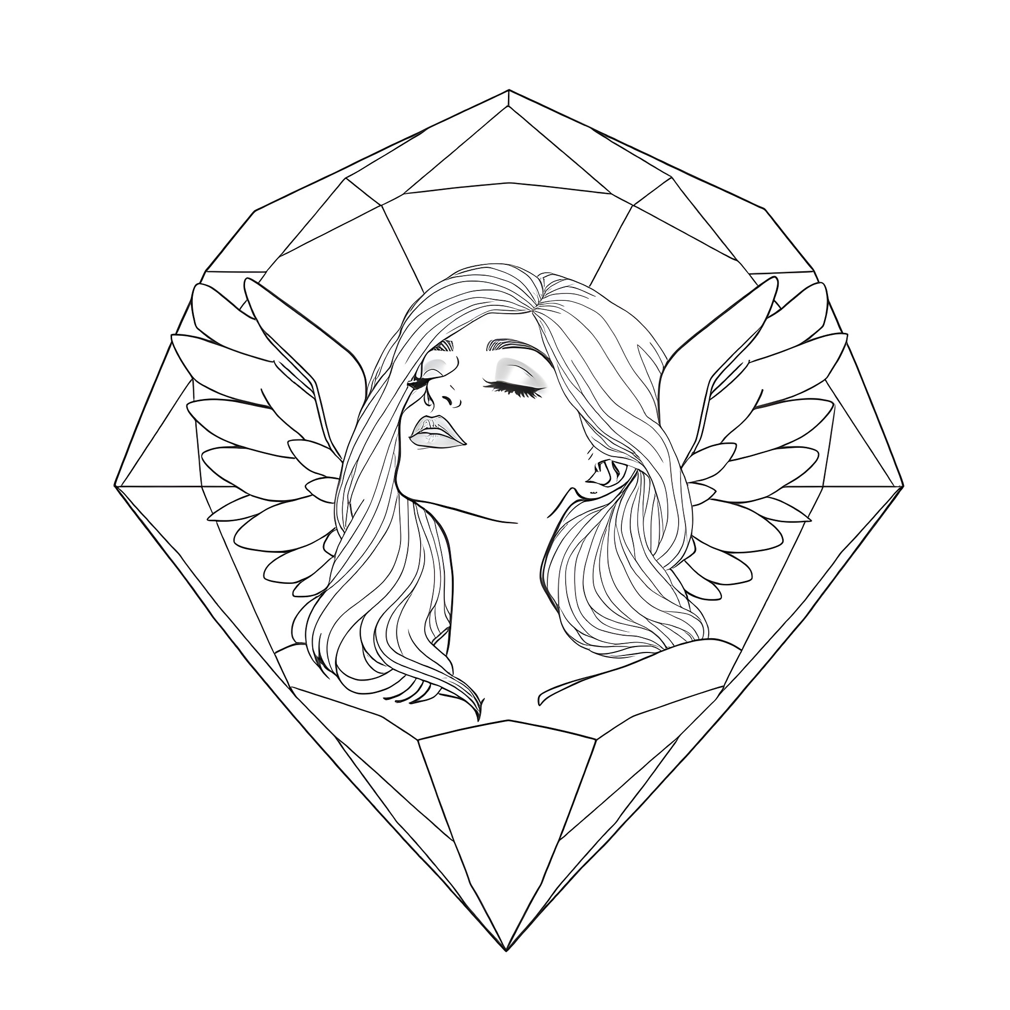 Woman with wings in a geometric frame Coloring Page (free black-and-white line drawing printable PDF for all, from beginners to advanced learners, including children, teens, adults, and seniors)