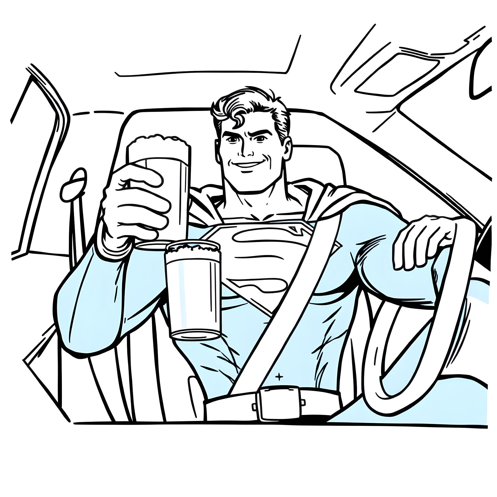 Superman driving a car and smiling Coloring Page (free black-and-white line drawing printable PDF for all, from beginners to advanced learners, including children, teens, adults, and seniors)