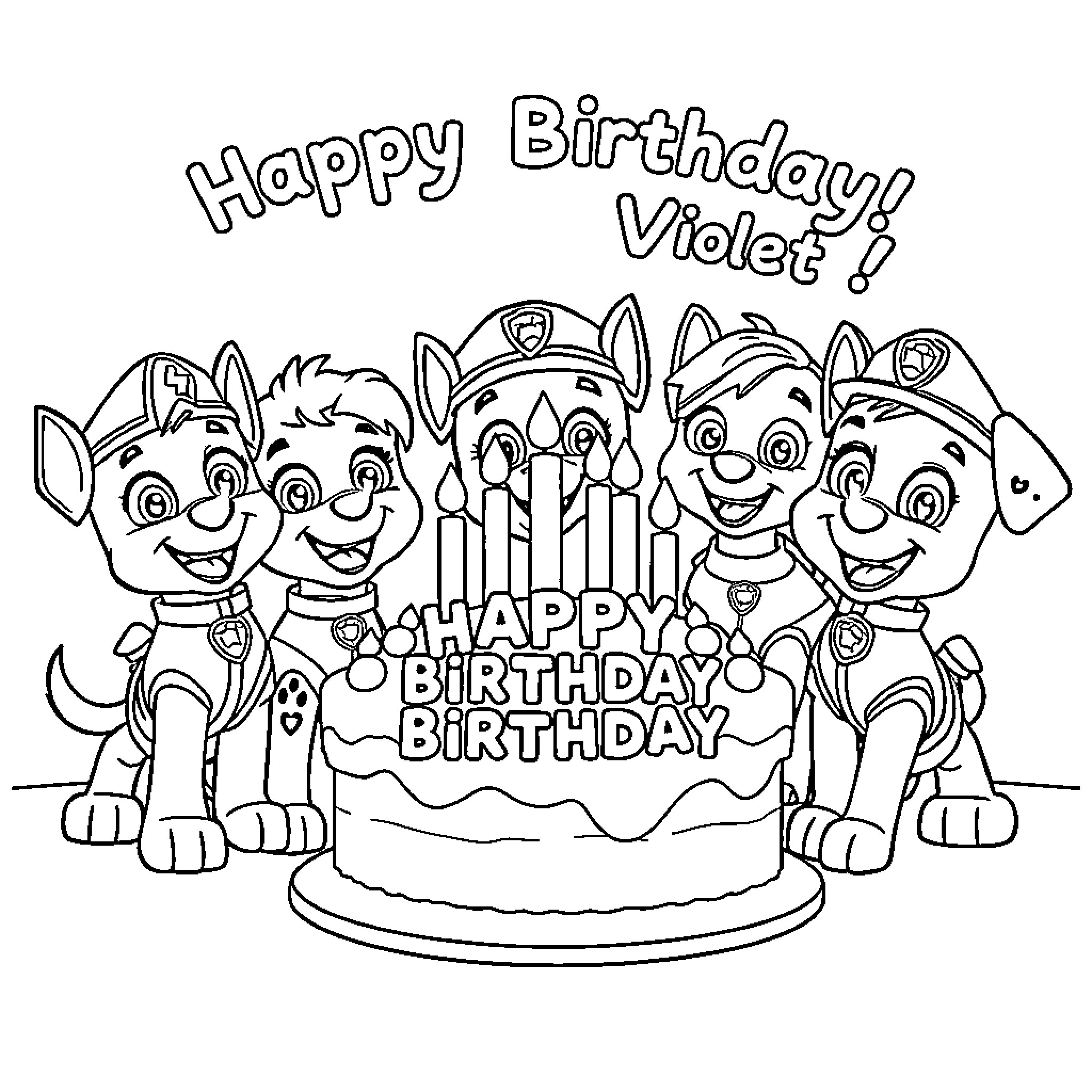Paw Patrol celebrate birthday with cake Coloring Page (free black-and-white line drawing printable PDF for all, from beginners to advanced learners, including children, teens, adults, and seniors)