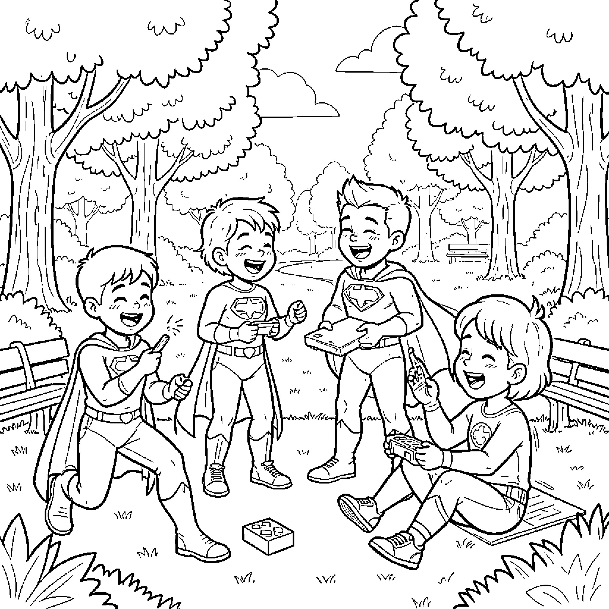 Superhero children playing together in a park Coloring Page (free black-and-white line drawing printable PDF for all, from beginners to advanced learners, including children, teens, adults, and seniors)