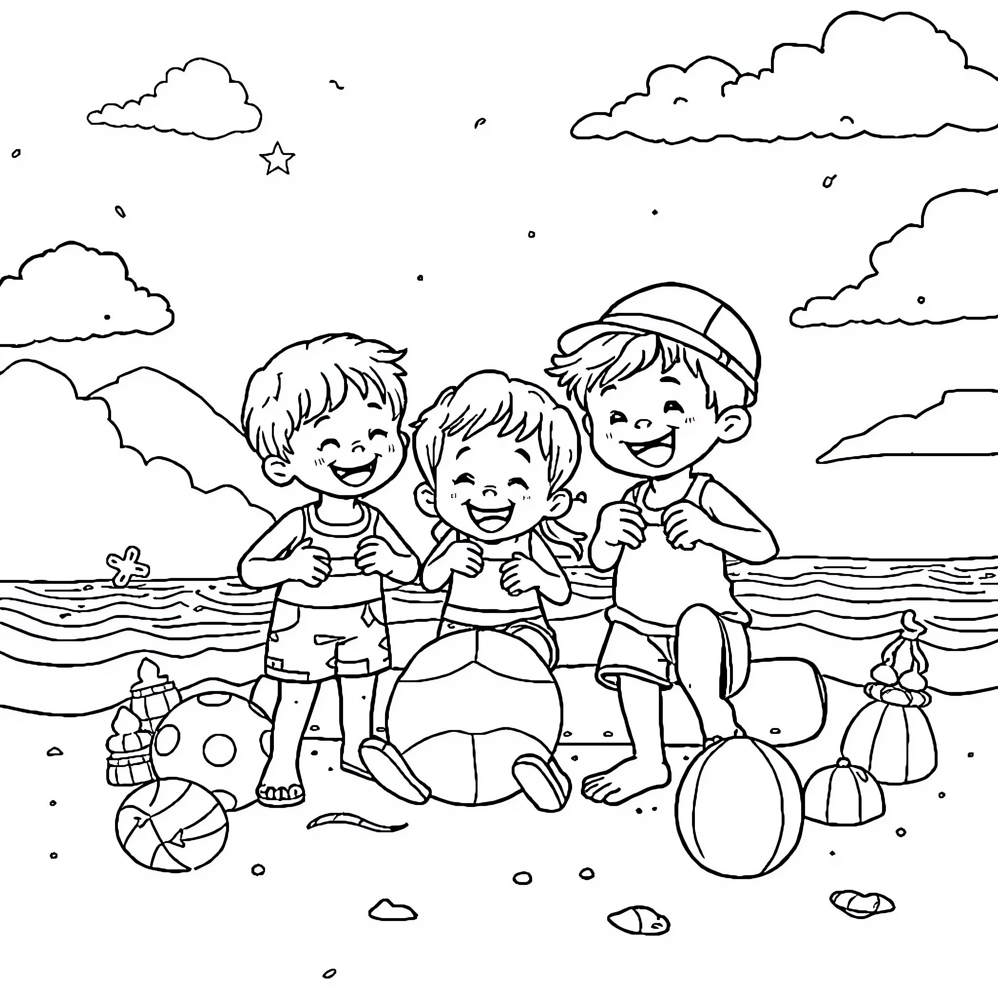 Child friends playing happily on the beach Coloring Page (free black-and-white line drawing printable PDF for all, from beginners to advanced learners, including children, teens, adults, and seniors)