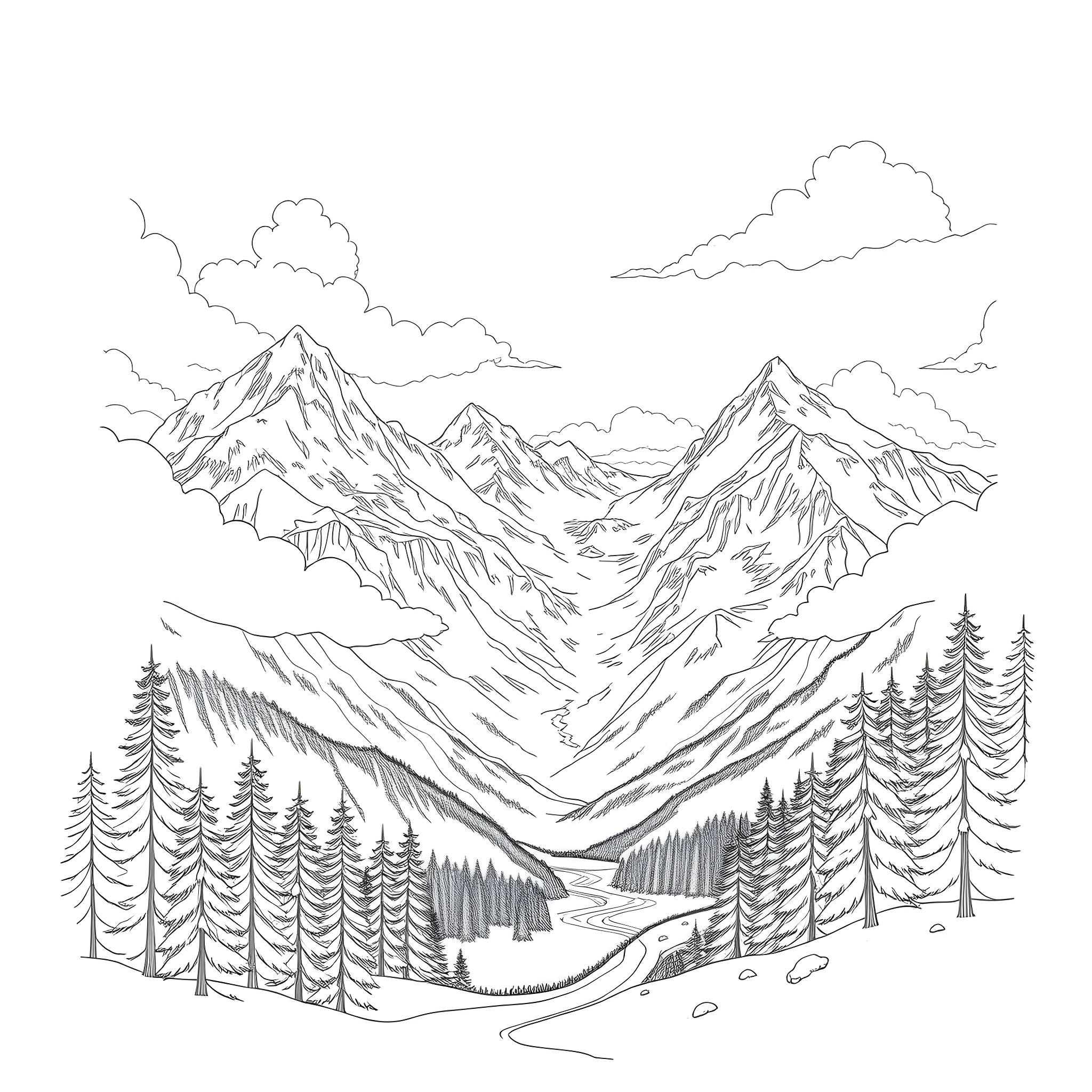 Mountain landscape with trees and winding path Coloring Page (free black-and-white line drawing printable PDF for all, from beginners to advanced learners, including children, teens, adults, and seniors)