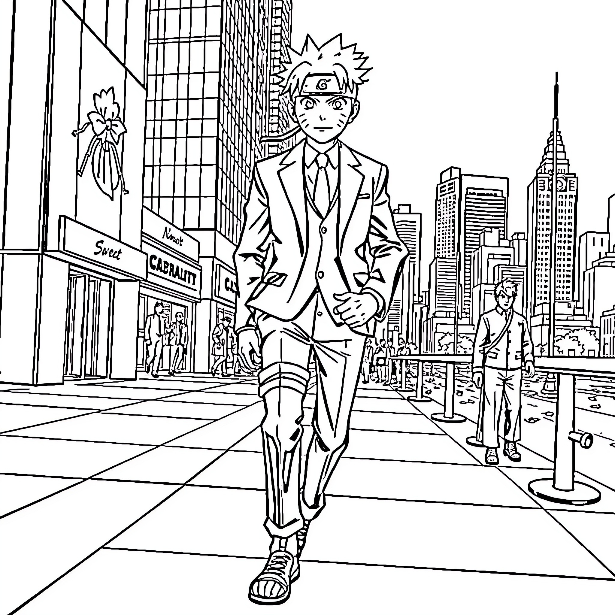 Naruto Striding Through the Bustling City Streets Coloring Page (free black-and-white line drawing printable PDF for all, from beginners to advanced learners, including children, teens, adults, and seniors)