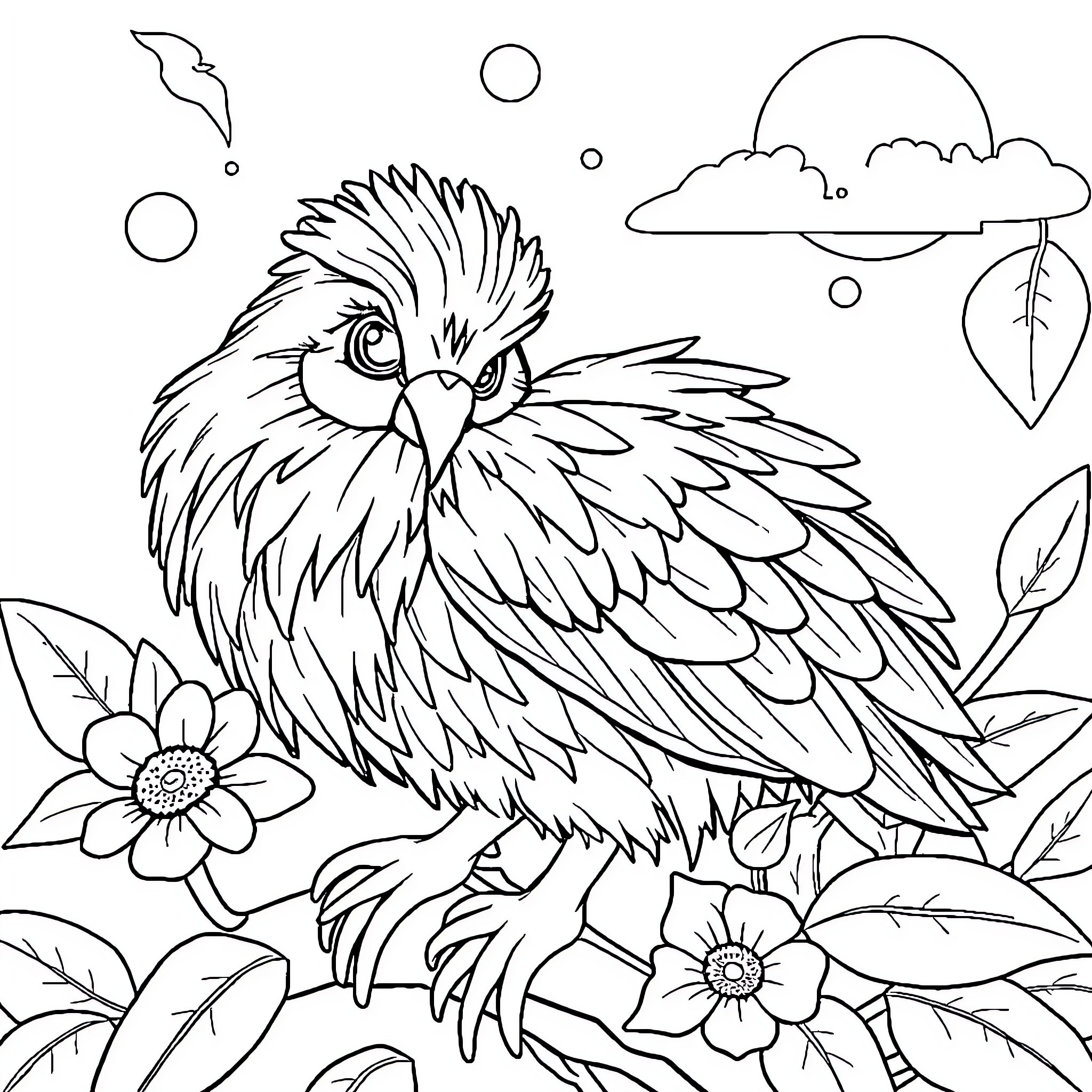 Rabbit in a whimsical natural setting Coloring Page (free black-and-white line drawing printable PDF for all, from beginners to advanced learners, including children, teens, adults, and seniors)