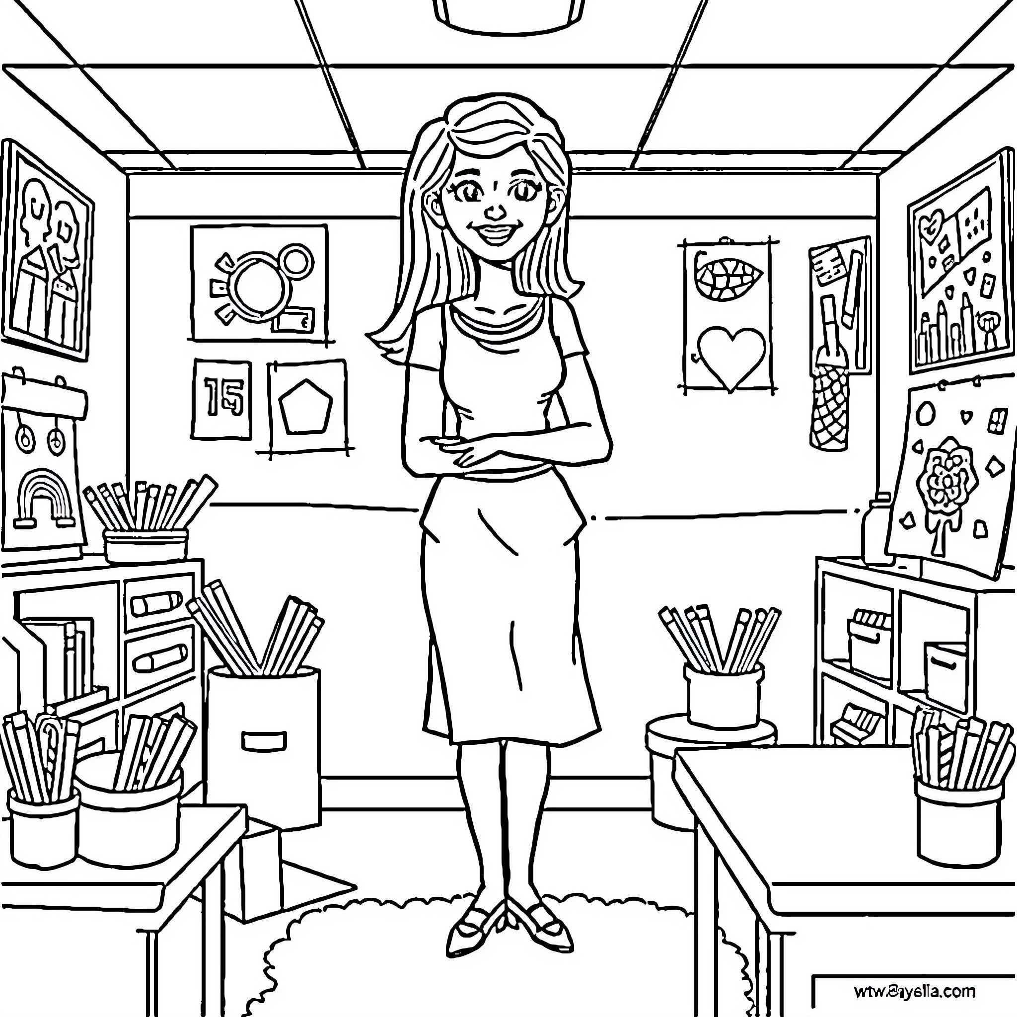 Mrs. Parrella's Classroom Adventure Coloring Page (free black-and-white line drawing printable PDF for all, from beginners to advanced learners, including children, teens, adults, and seniors)