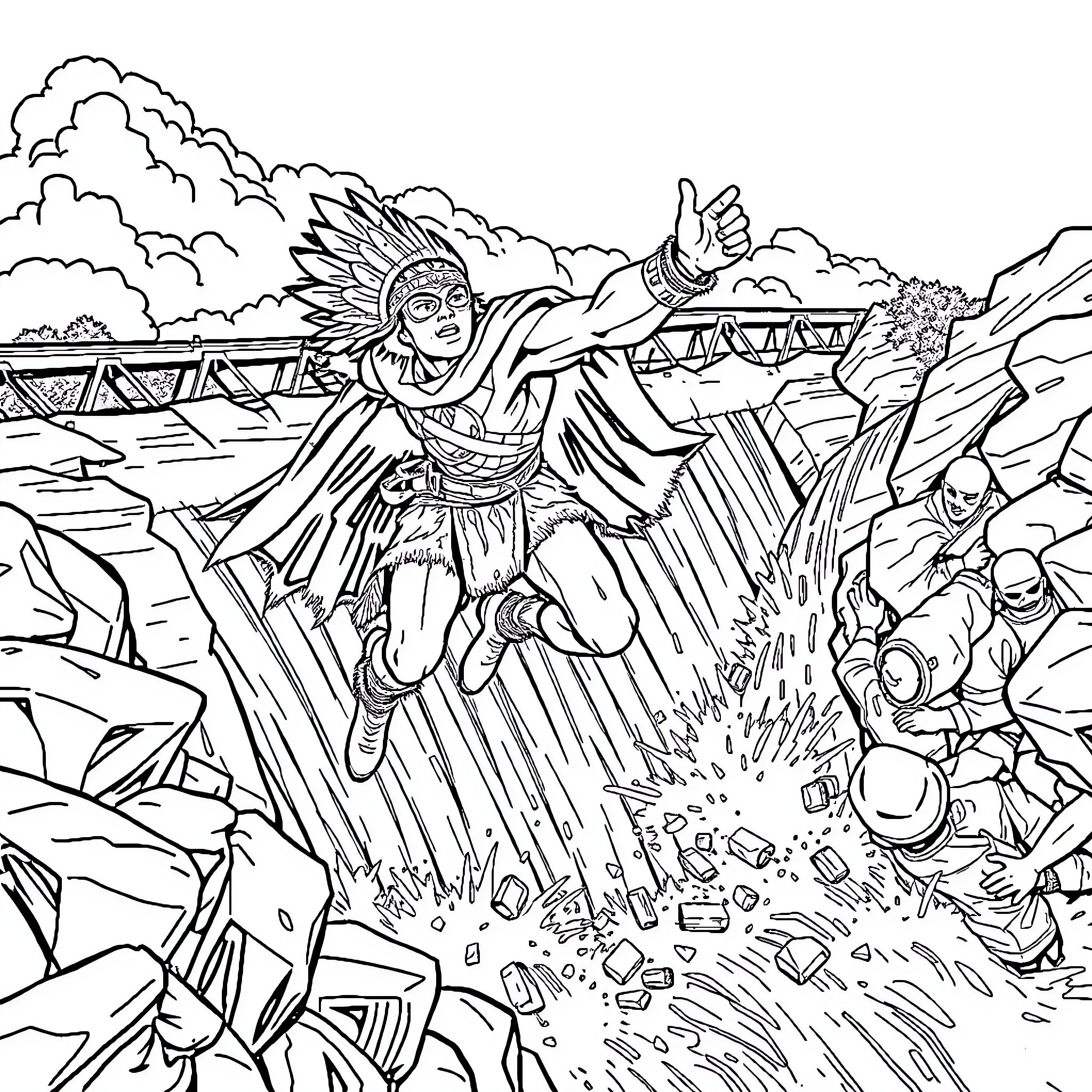 Superhero Soaring Through Debris and Destruction Coloring Page (free black-and-white line drawing printable PDF for all, from beginners to advanced learners, including children, teens, adults, and seniors)