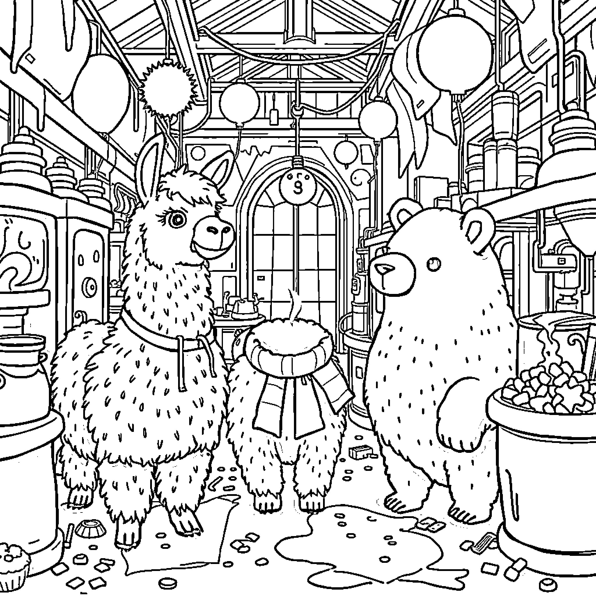 Llama and Bear Exploring a Whimsical Workshop Coloring Page (free black-and-white line drawing printable PDF for all, from beginners to advanced learners, including children, teens, adults, and seniors)