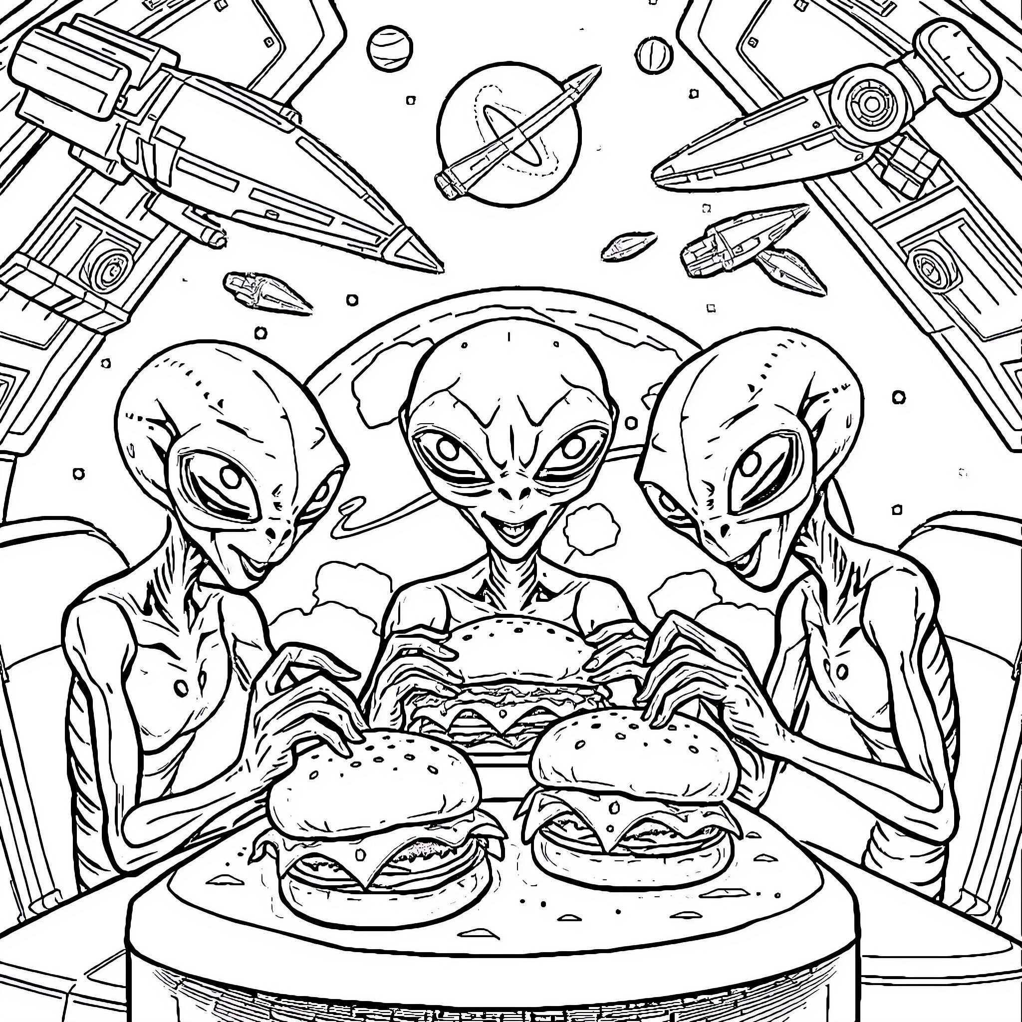 Alien Diners Enjoying Cosmic Burgers Coloring Page (free black-and-white line drawing printable PDF for all, from beginners to advanced learners, including children, teens, adults, and seniors)