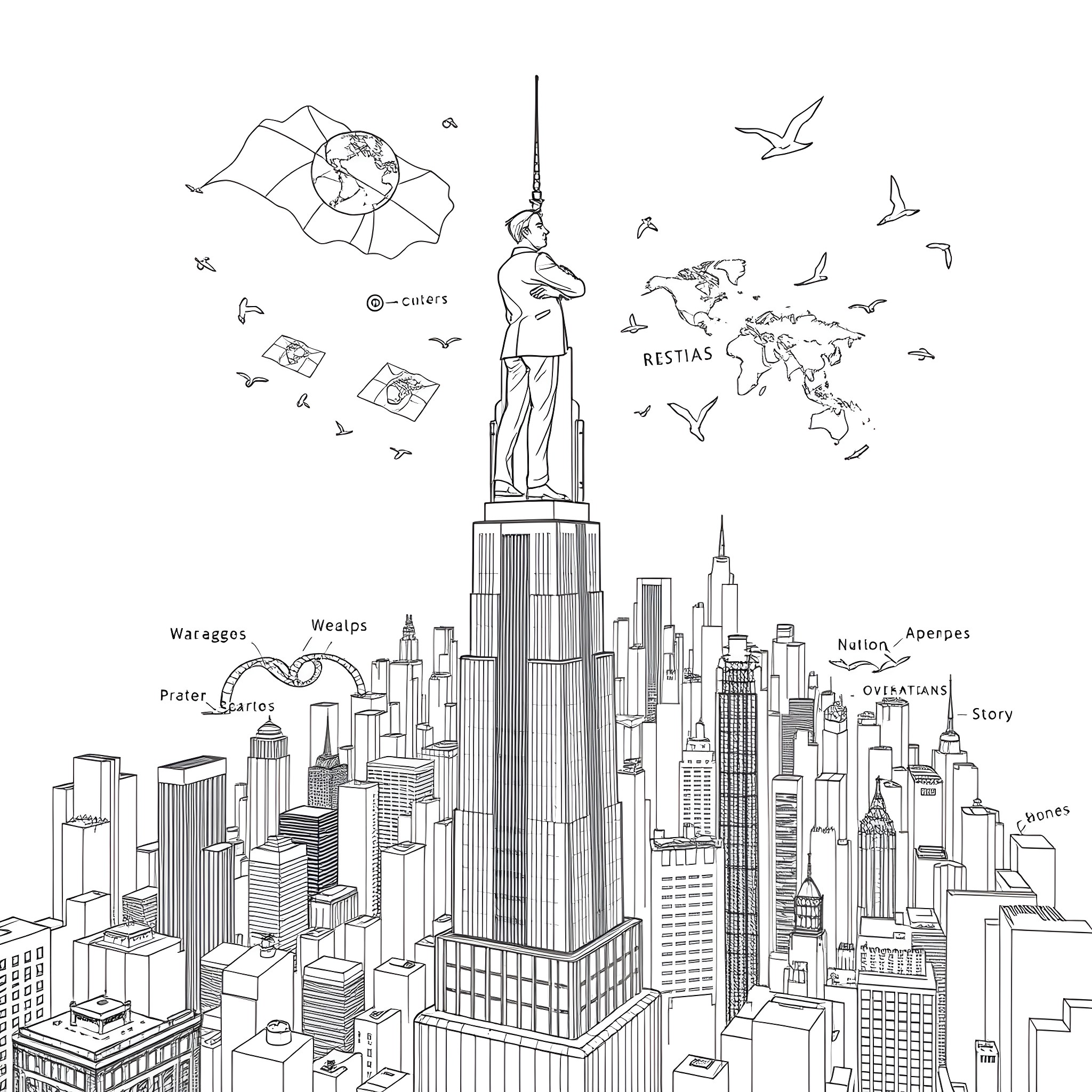 Mr. Adams in the bustling city skyline Coloring Page (free black-and-white line drawing printable PDF for all, from beginners to advanced learners, including children, teens, adults, and seniors)