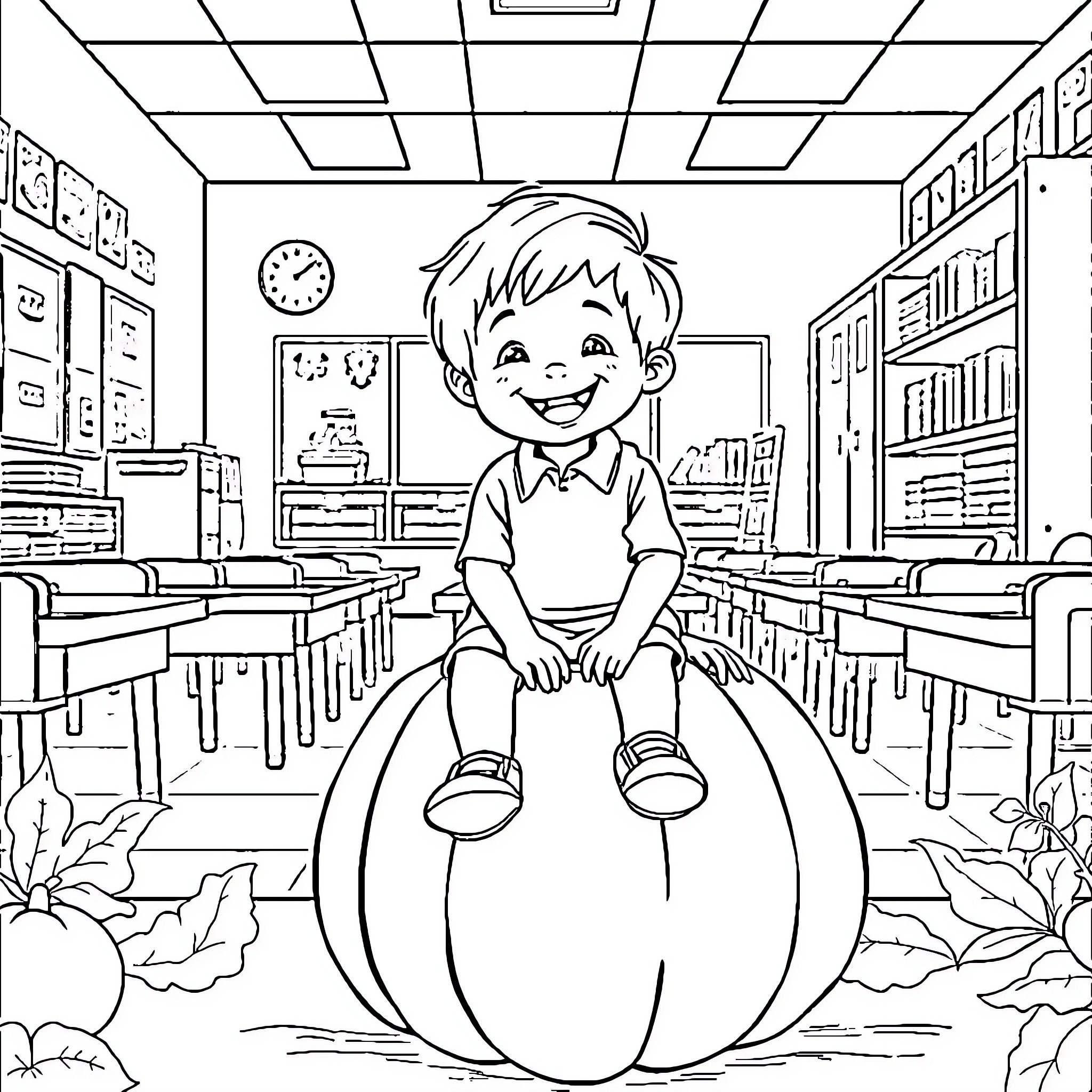 Child sitting happily on a pumpkin in the classroom Coloring Page (free black-and-white line drawing printable PDF for all, from beginners to advanced learners, including children, teens, adults, and seniors)