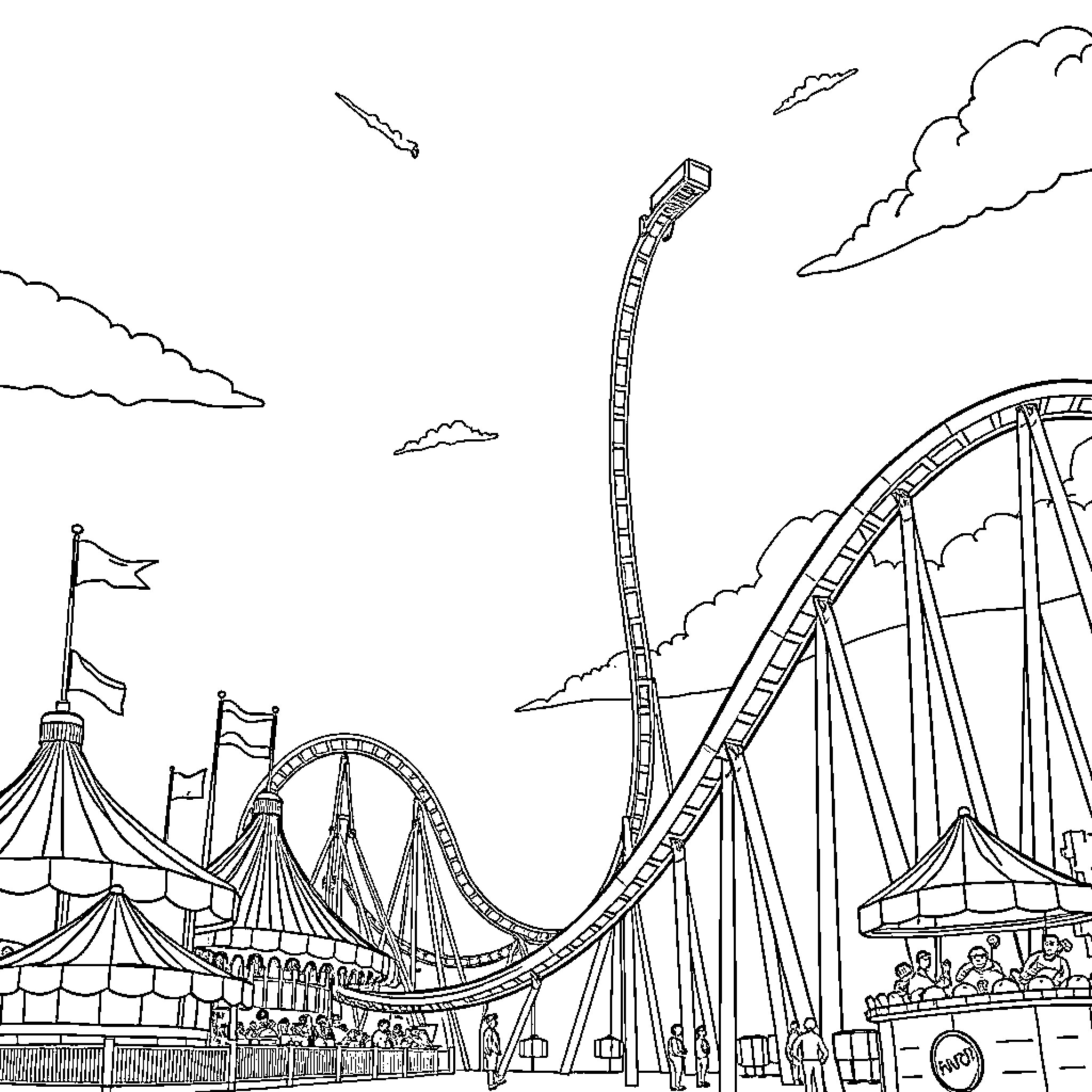 Amusement Park with Thrilling Rides and Festive Tents Coloring Page (free black-and-white line drawing printable PDF for all, from beginners to advanced learners, including children, teens, adults, and seniors)