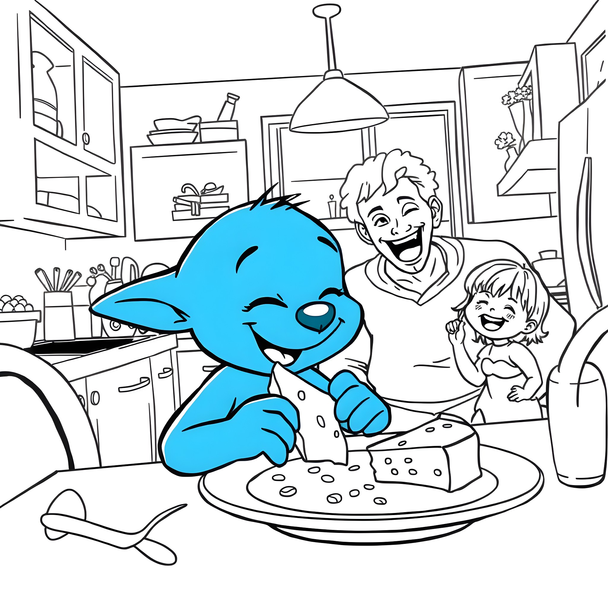 Bluey helping with kitchen chores Coloring Page (free black-and-white line drawing printable PDF for all, from beginners to advanced learners, including children, teens, adults, and seniors)