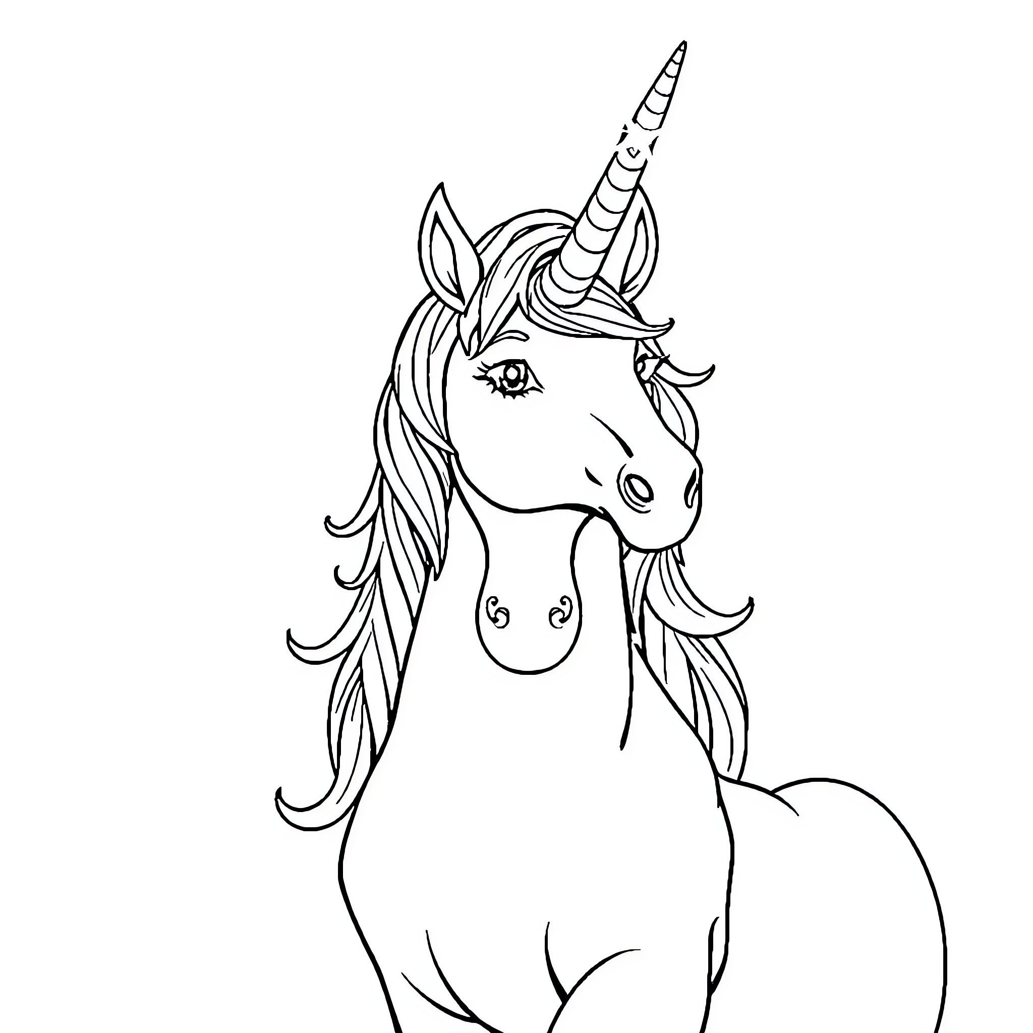 Unicorn with Flowing Mane and Horn Coloring Page (free black-and-white line drawing printable PDF for all, from beginners to advanced learners, including children, teens, adults, and seniors)