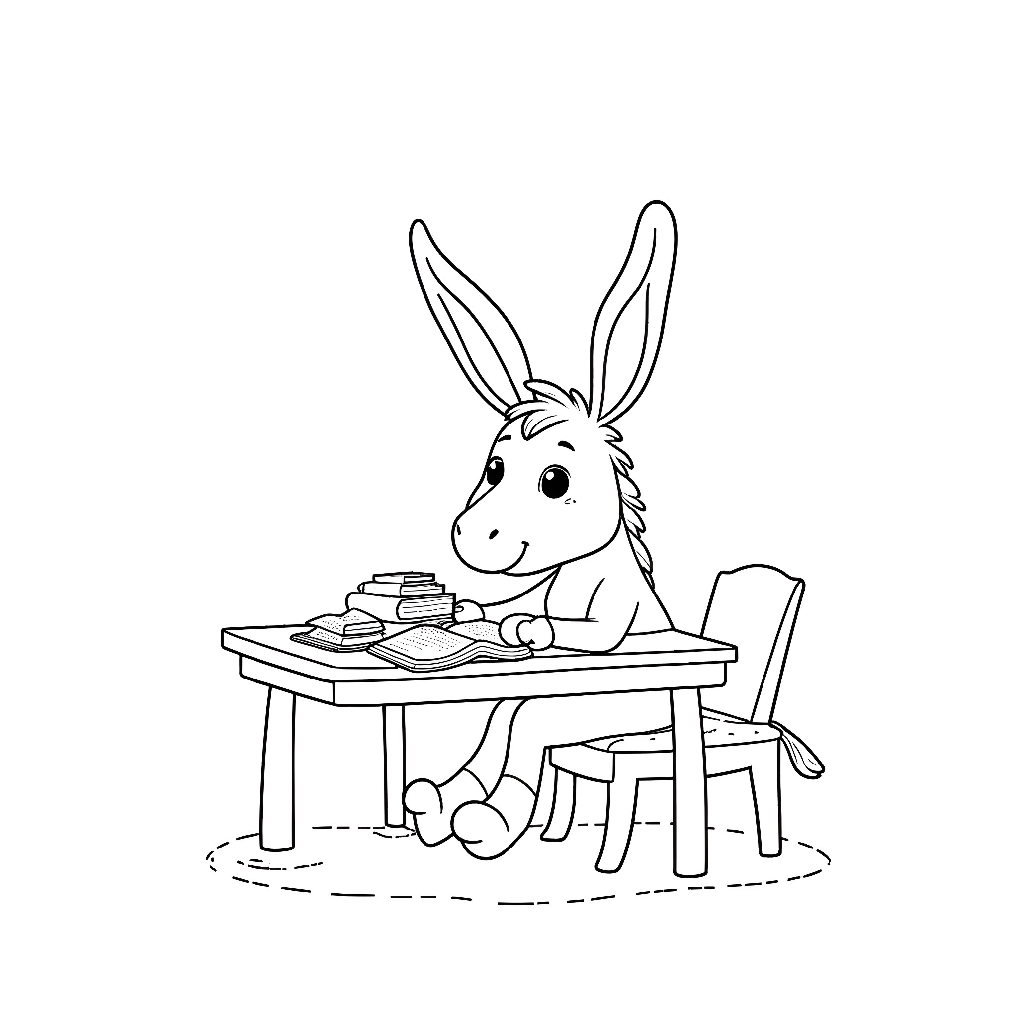 Donkey working diligently at the desk Coloring Page (free black-and-white line drawing printable PDF for all, from beginners to advanced learners, including children, teens, adults, and seniors)