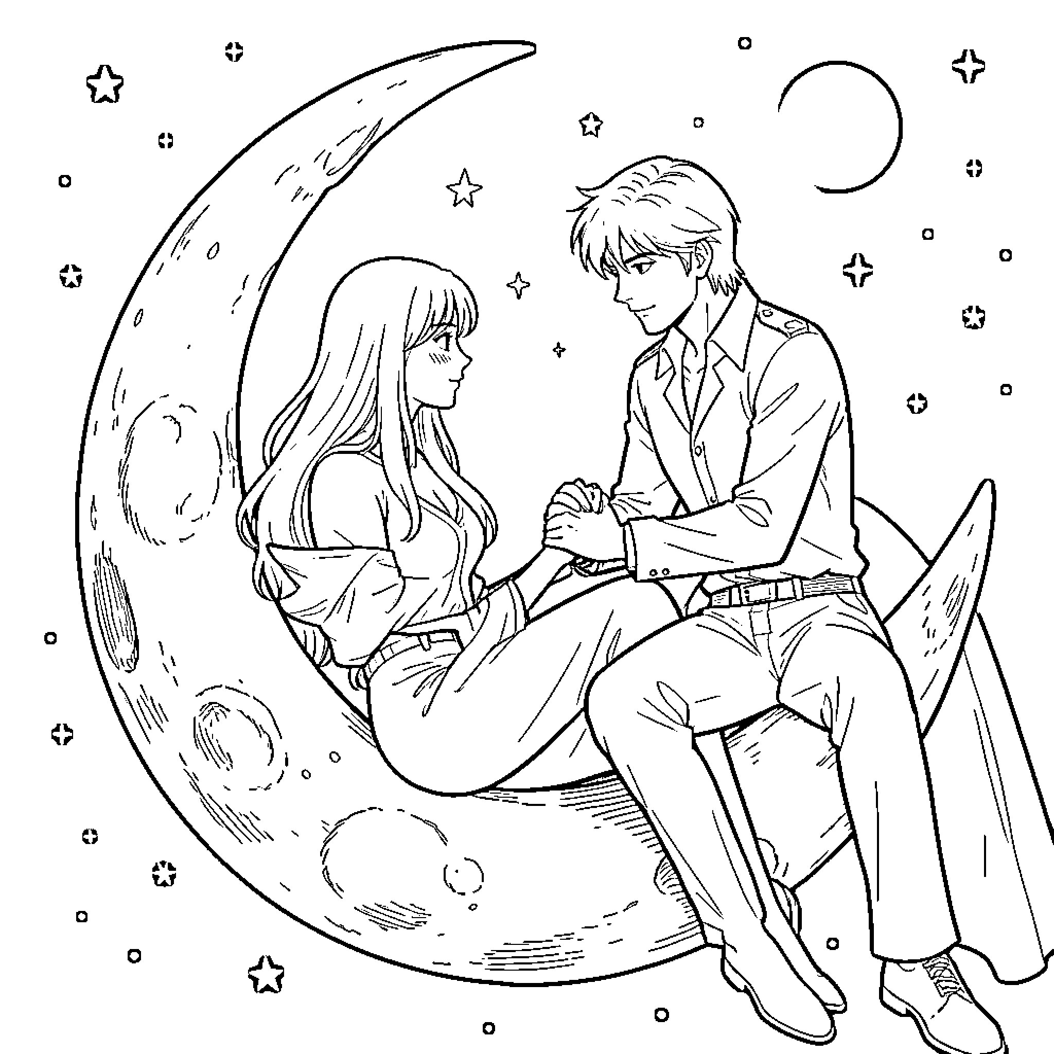 Serena's Starlit Moment with Her Love Coloring Page (free black-and-white line drawing printable PDF for all, from beginners to advanced learners, including children, teens, adults, and seniors)