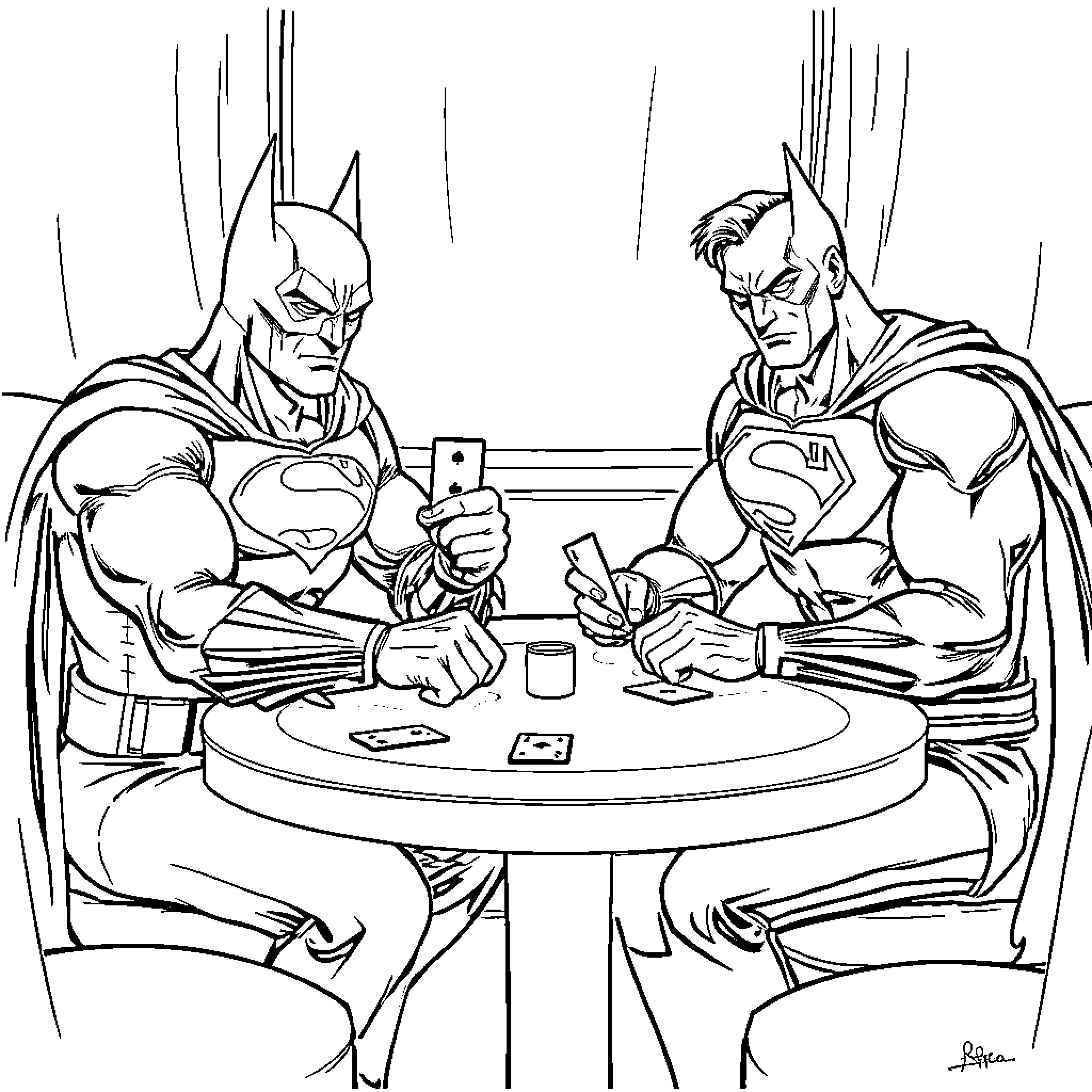 Batman and Superman playing cards at the table Coloring Page (free black-and-white line drawing printable PDF for all, from beginners to advanced learners, including children, teens, adults, and seniors)