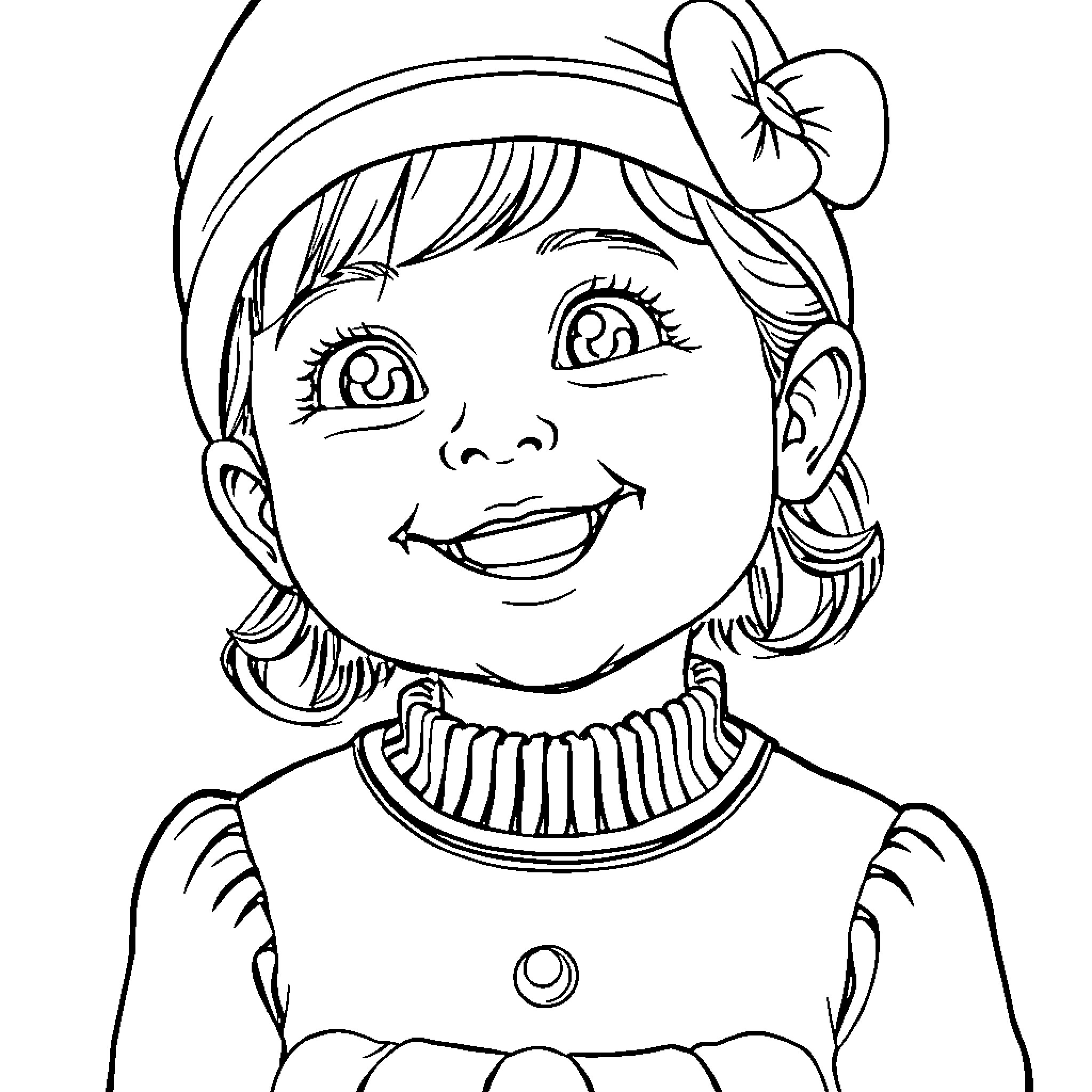 Baby Girl Smiling Cheerfully in Festive Outfit Coloring Page (free black-and-white line drawing printable PDF for all, from beginners to advanced learners, including children, teens, adults, and seniors)