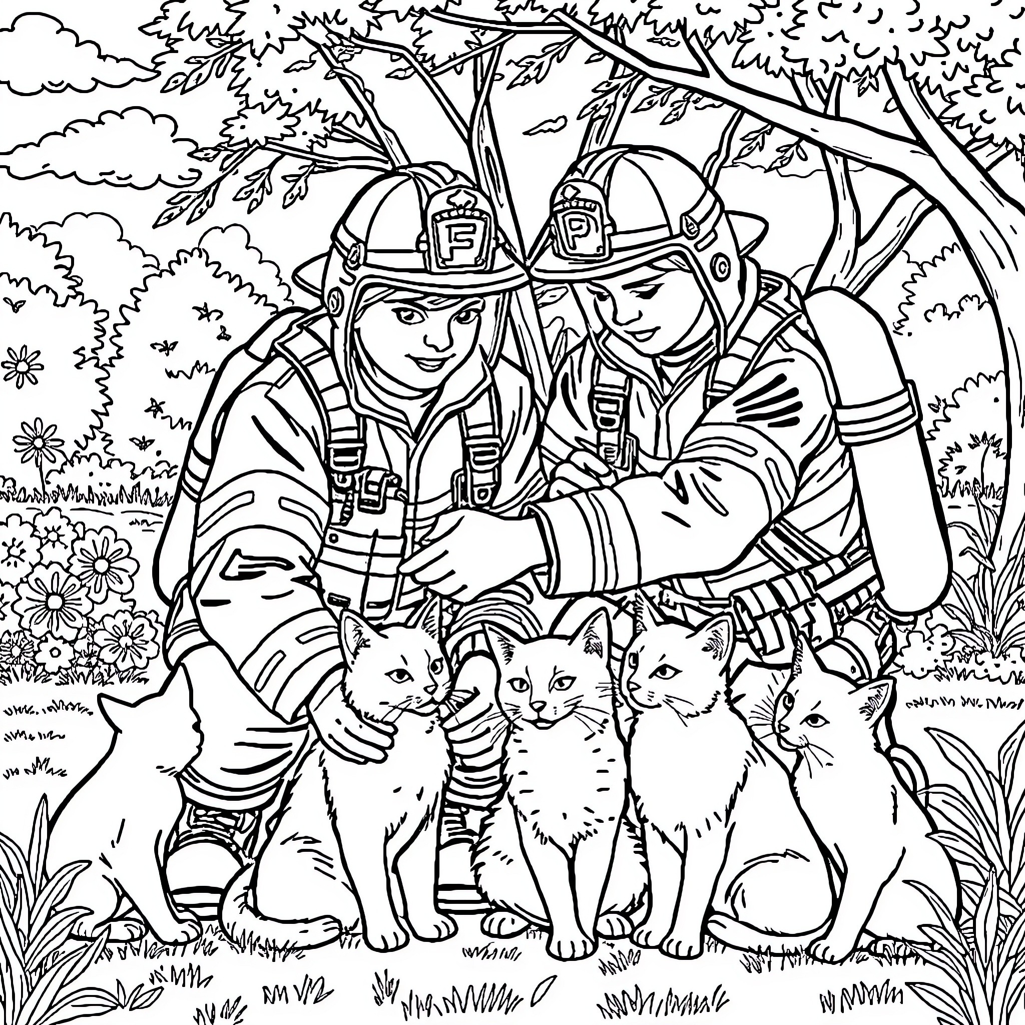Cat Firefighters in the Forest Coloring Page (free black-and-white line drawing printable PDF for all, from beginners to advanced learners, including children, teens, adults, and seniors)