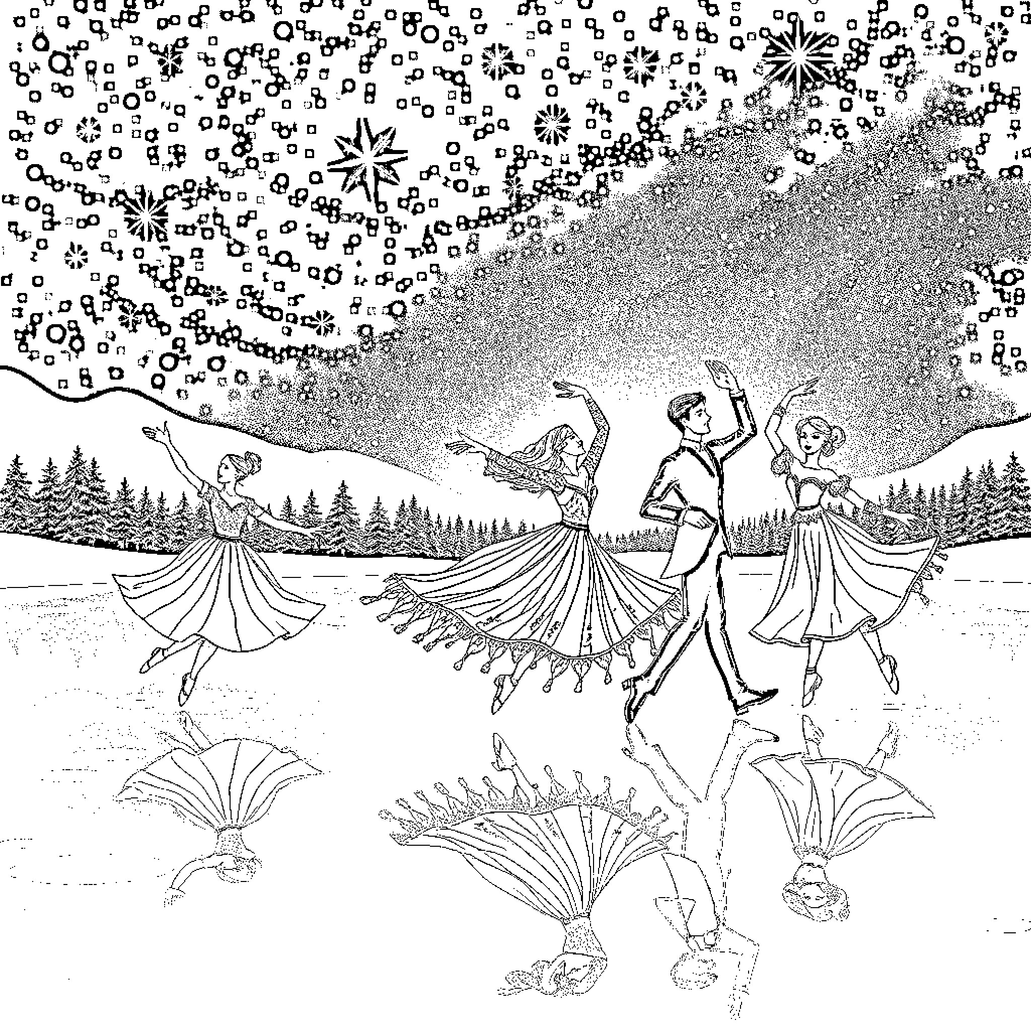 Danseurs in Winter Wonderland Coloring Page (free black-and-white line drawing printable PDF for all, from beginners to advanced learners, including children, teens, adults, and seniors)