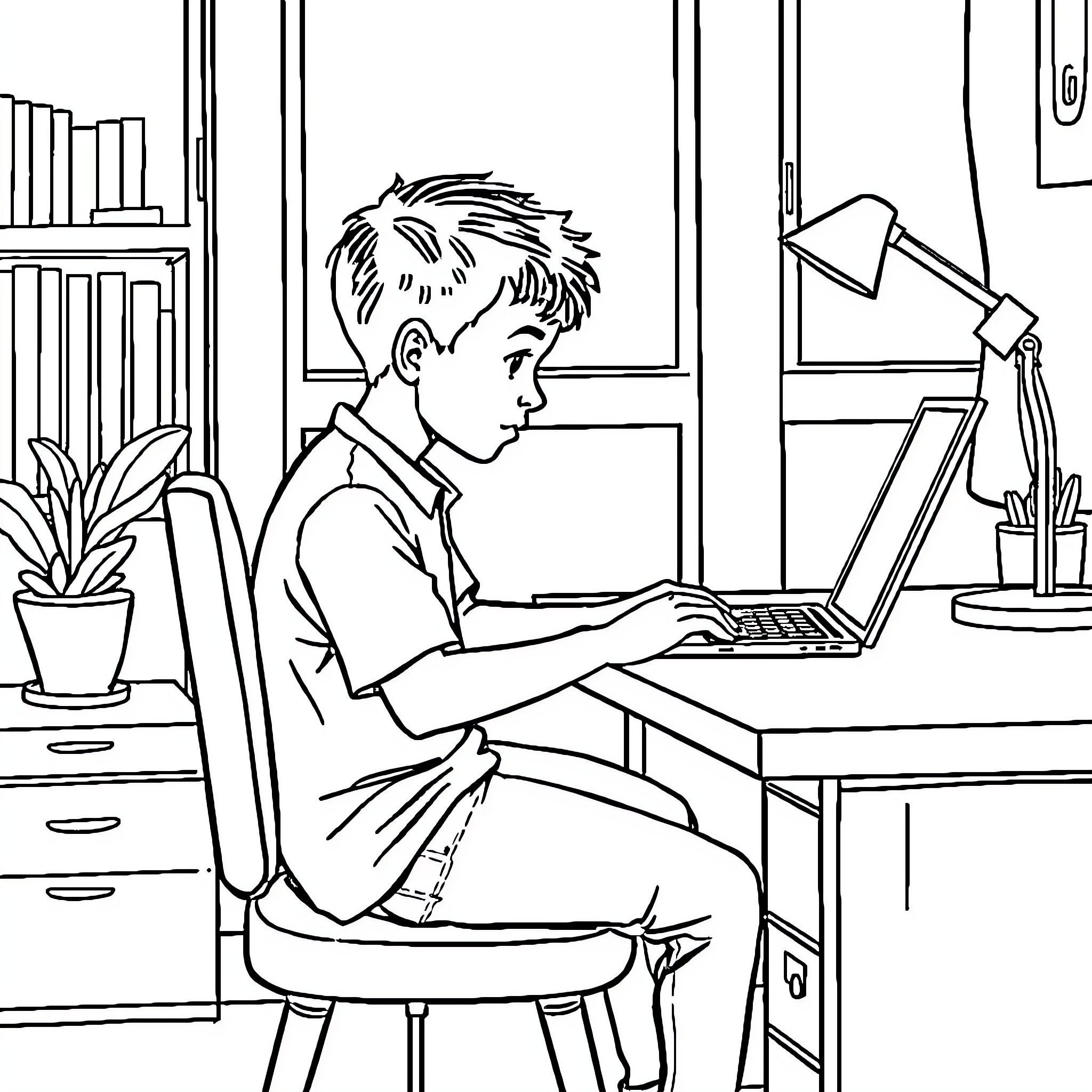 Boy focused on using laptop at desk in room Coloring Page (free black-and-white line drawing printable PDF for all, from beginners to advanced learners, including children, teens, adults, and seniors)