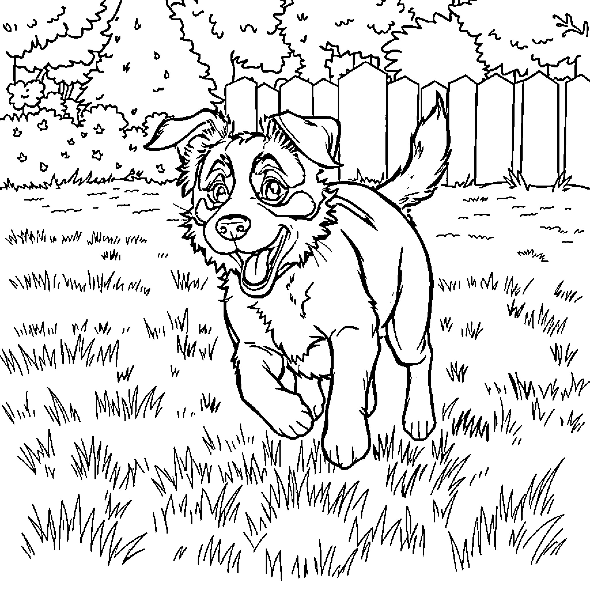 Dog running happily through the forest Coloring Page (free black-and-white line drawing printable PDF for all, from beginners to advanced learners, including children, teens, adults, and seniors)