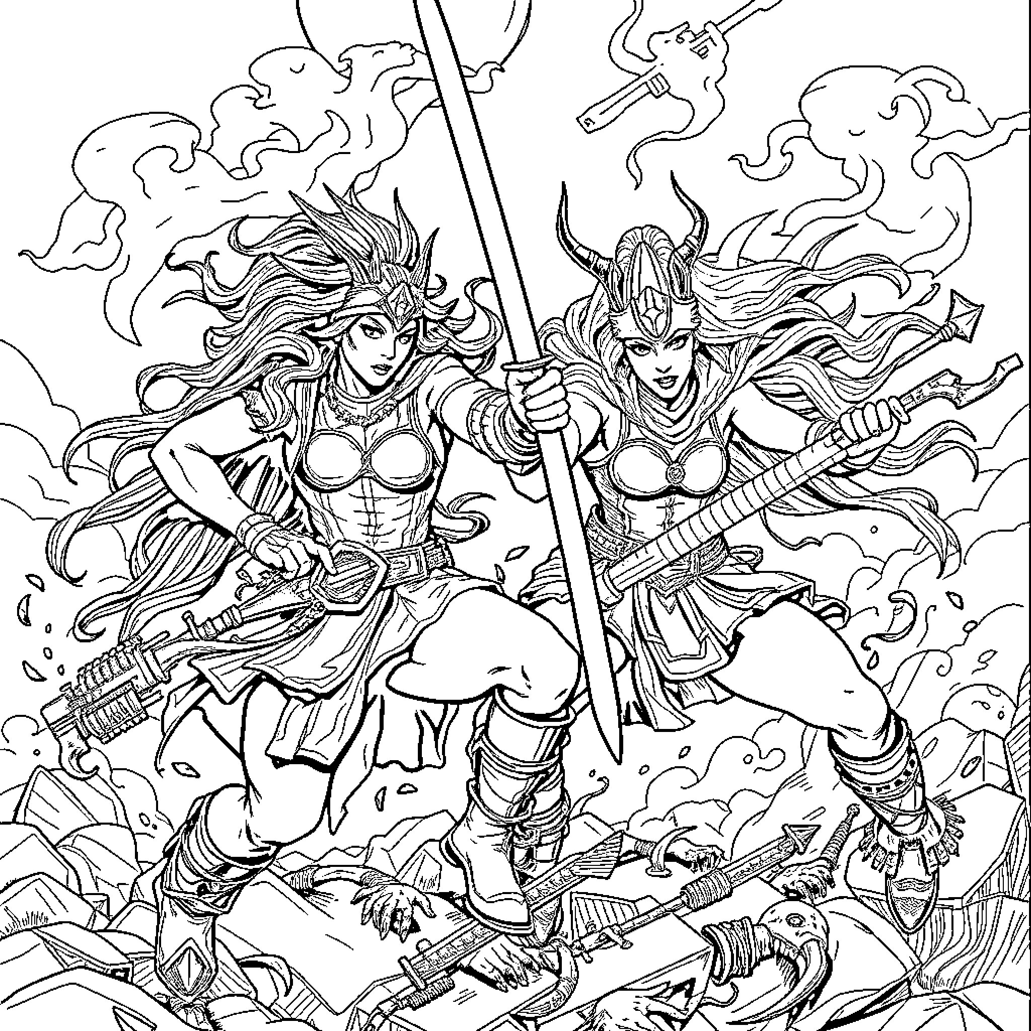 Guerreras - Fierce Warrior Women in Battle Coloring Page (free black-and-white line drawing printable PDF for all, from beginners to advanced learners, including children, teens, adults, and seniors)