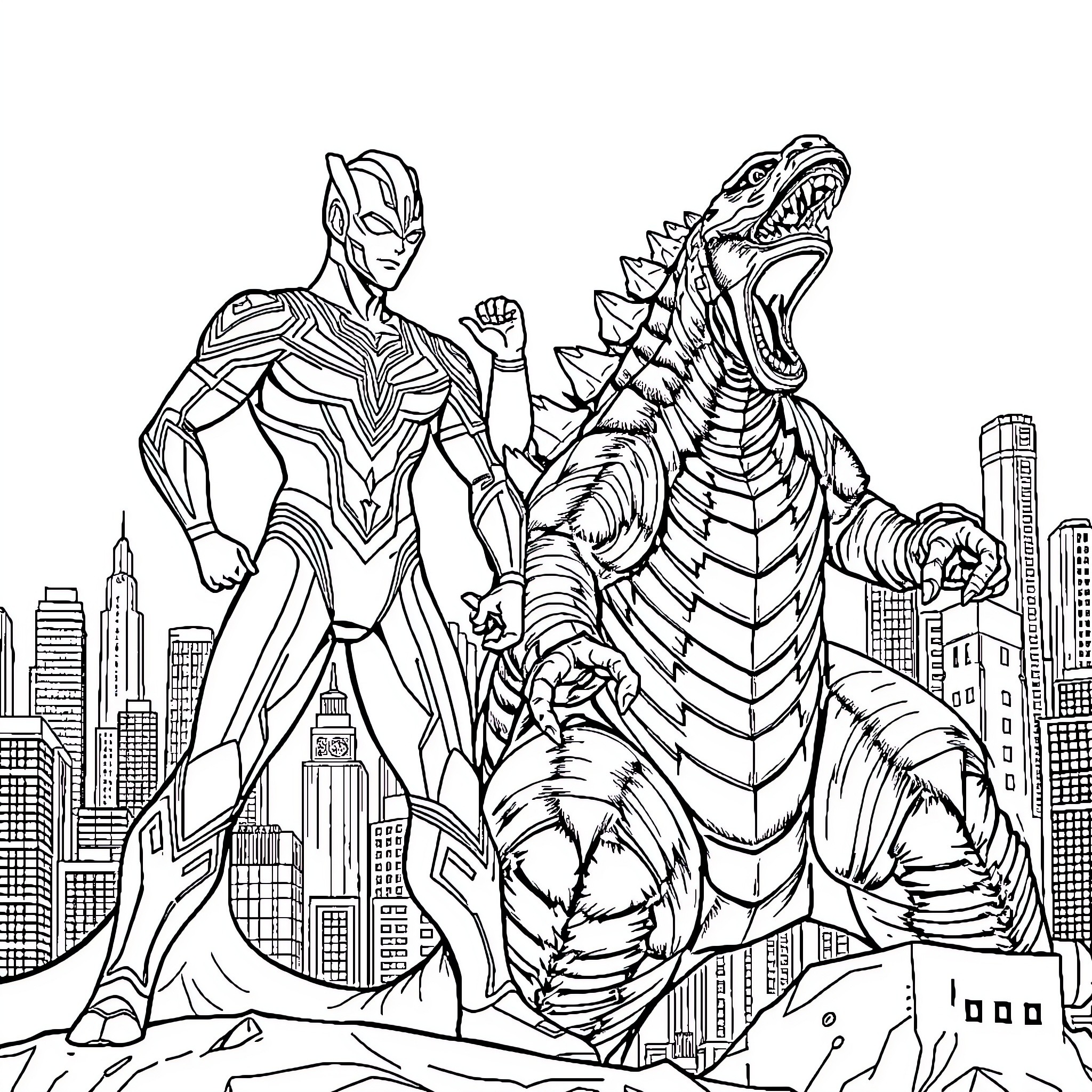 Ultraman battling a fearsome monster in the city Coloring Page (free black-and-white line drawing printable PDF for all, from beginners to advanced learners, including children, teens, adults, and seniors)