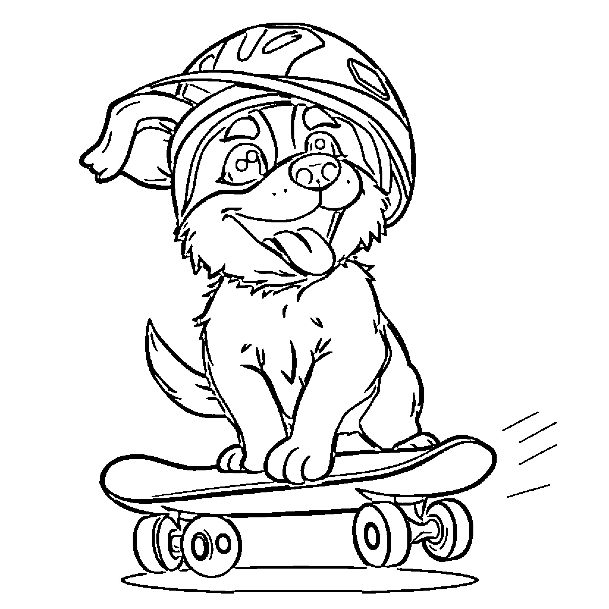 Dog riding a skateboard wearing a helmet Coloring Page (free black-and-white line drawing printable PDF for all, from beginners to advanced learners, including children, teens, adults, and seniors)