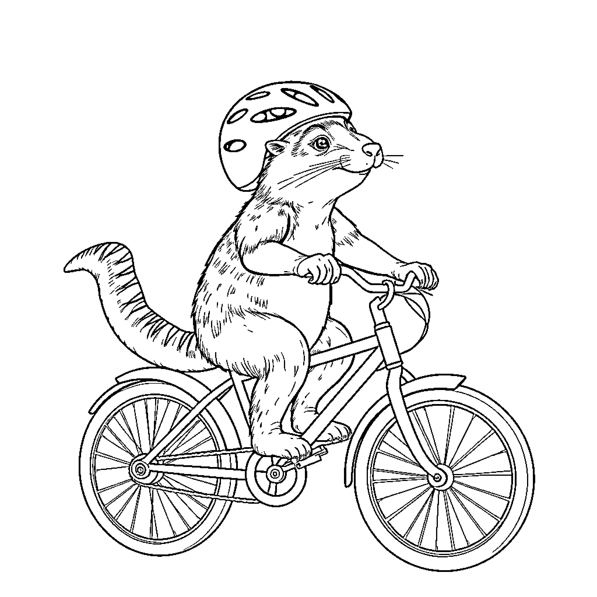 Dog riding bicycle with safety helmet Coloring Page (free black-and-white line drawing printable PDF for all, from beginners to advanced learners, including children, teens, adults, and seniors)