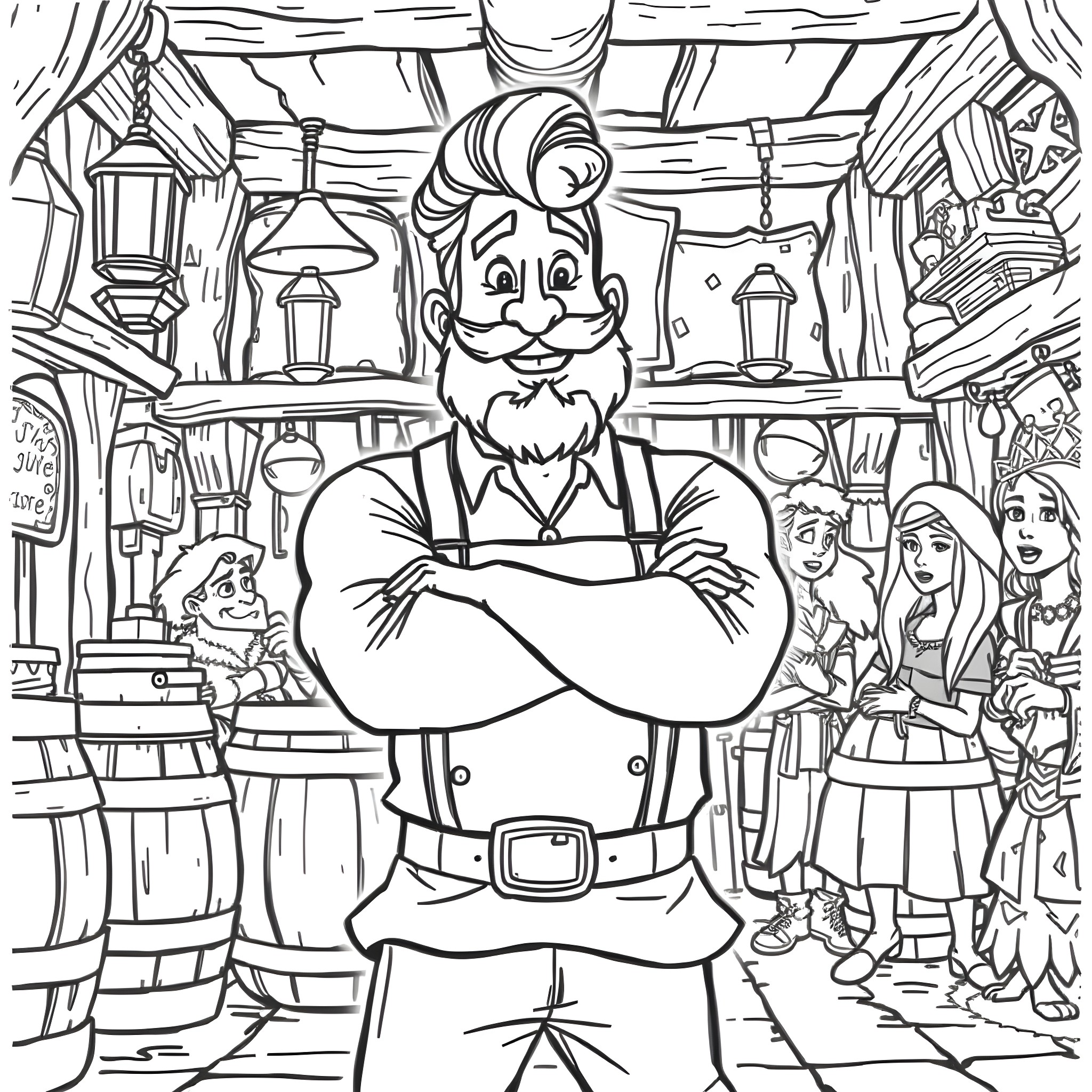 Gastón's Tavern Adventure Coloring Page (free black-and-white line drawing printable PDF for all, from beginners to advanced learners, including children, teens, adults, and seniors)