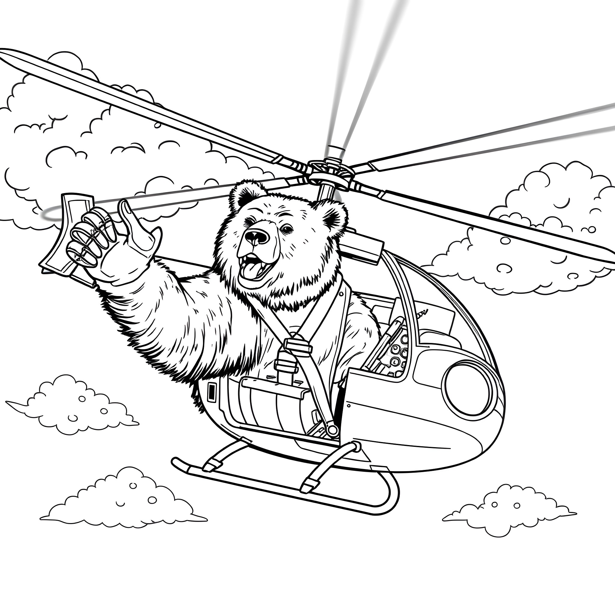Grizzly Bear piloting a helicopter in the sky Coloring Page (free black-and-white line drawing printable PDF for all, from beginners to advanced learners, including children, teens, adults, and seniors)