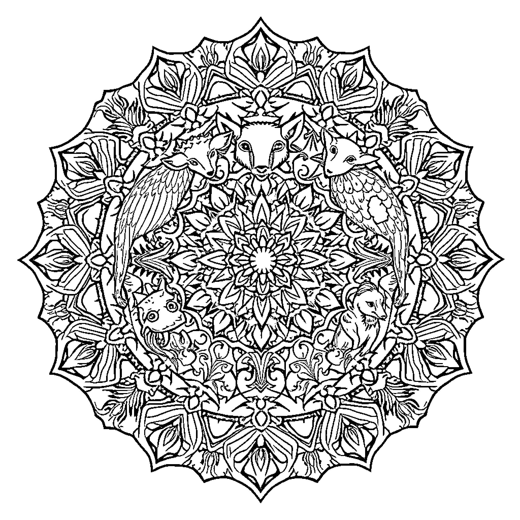 Animal Mandala with Exotic Birds and Flowers Coloring Page (free black-and-white line drawing printable PDF for all, from beginners to advanced learners, including children, teens, adults, and seniors)