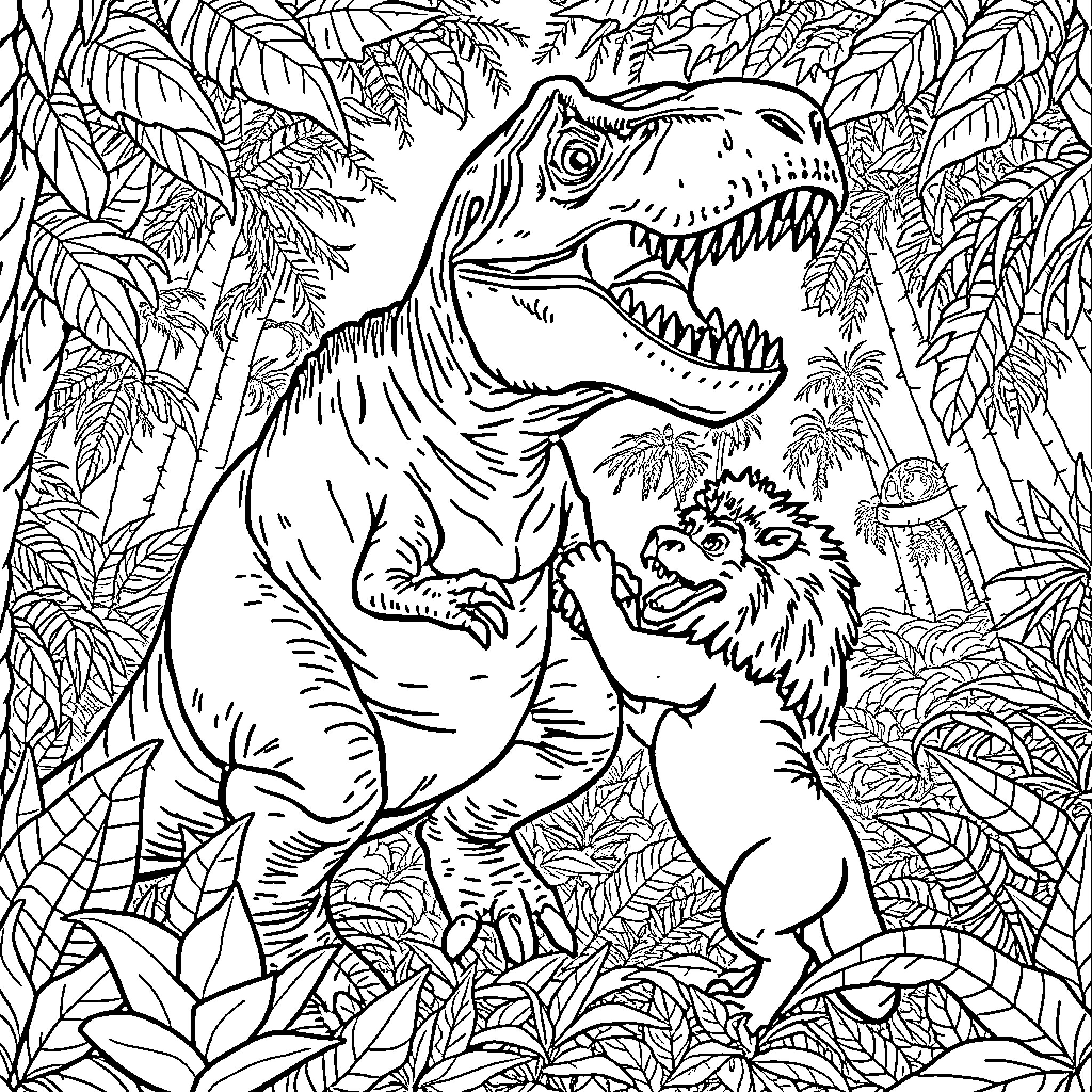 T-Rex ferociously roaming in lush jungle landscape Coloring Page (free black-and-white line drawing printable PDF for all, from beginners to advanced learners, including children, teens, adults, and seniors)