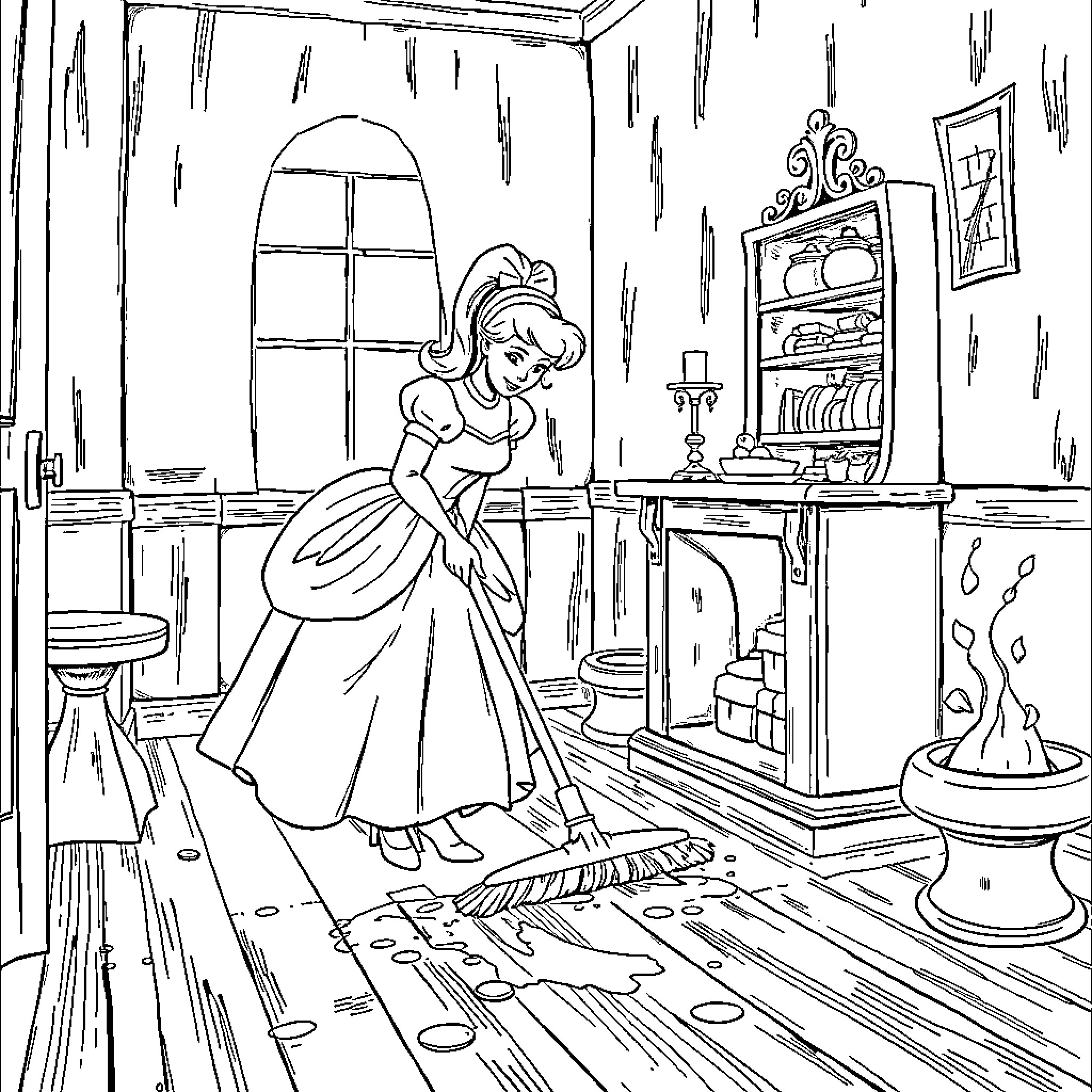 Cinderella cleaning the house with determination Coloring Page (free black-and-white line drawing printable PDF for all, from beginners to advanced learners, including children, teens, adults, and seniors)
