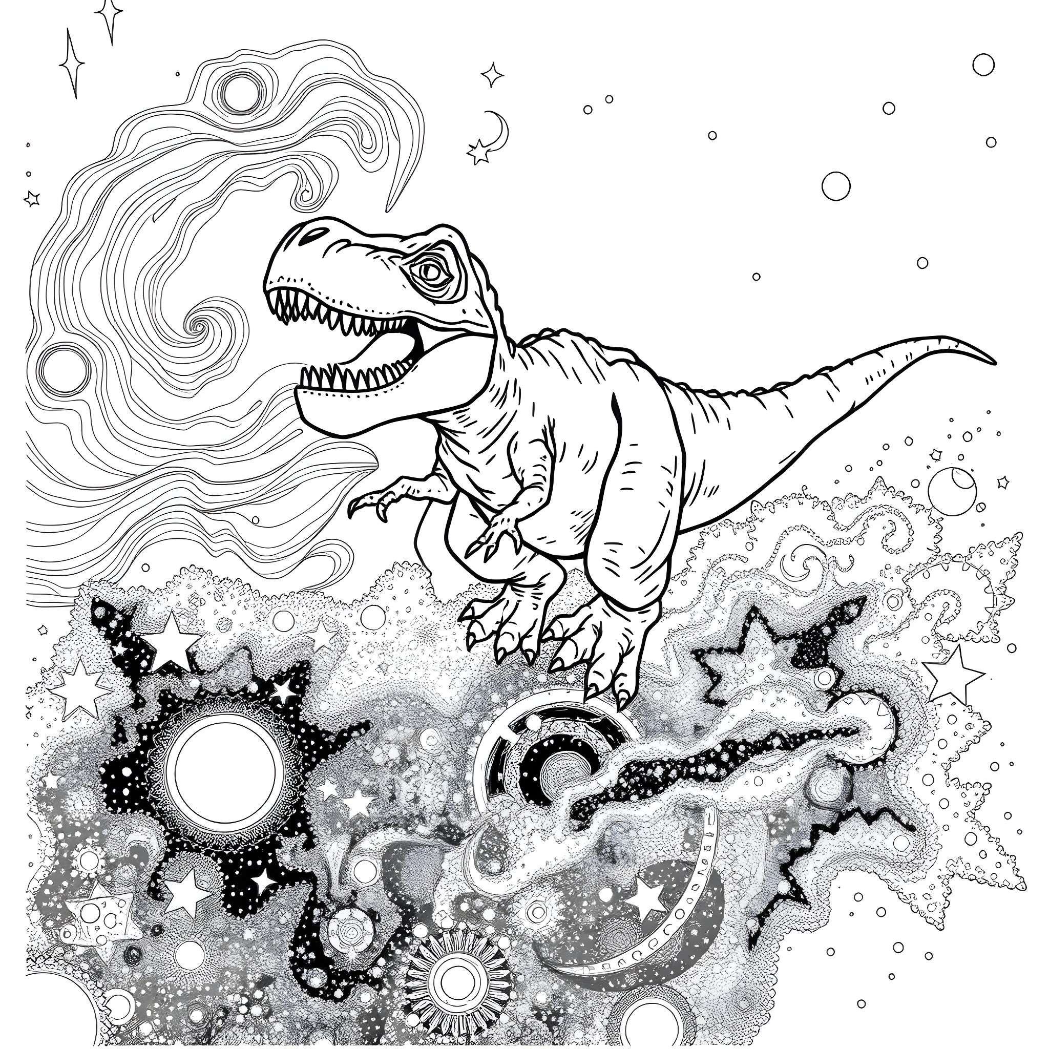 T-Rex Roaring Amidst Cosmic Wonders Coloring Page (free black-and-white line drawing printable PDF for all, from beginners to advanced learners, including children, teens, adults, and seniors)
