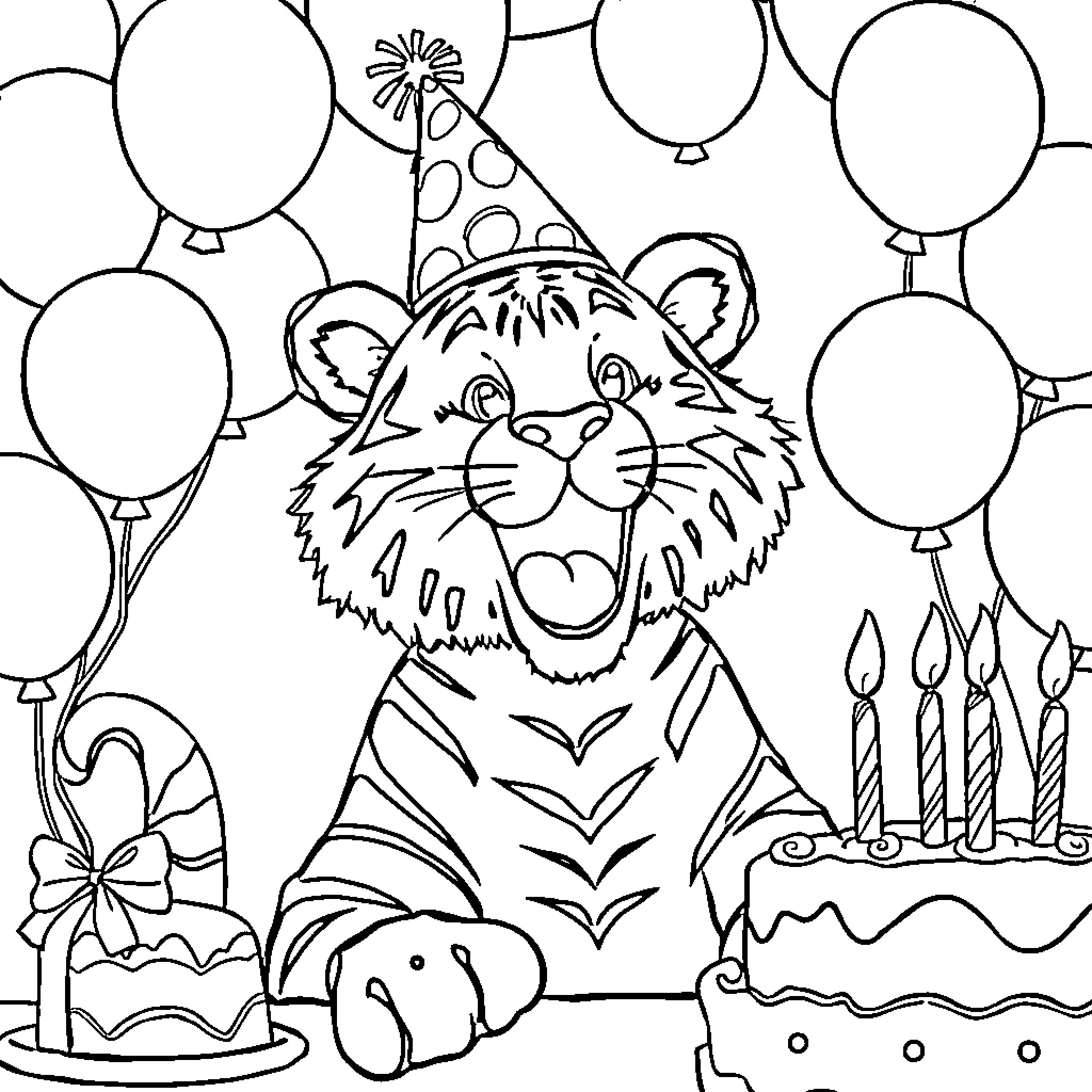 Tiger celebrating a festive occasion with balloons and cake Coloring Page (free black-and-white line drawing printable PDF for all, from beginners to advanced learners, including children, teens, adults, and seniors)