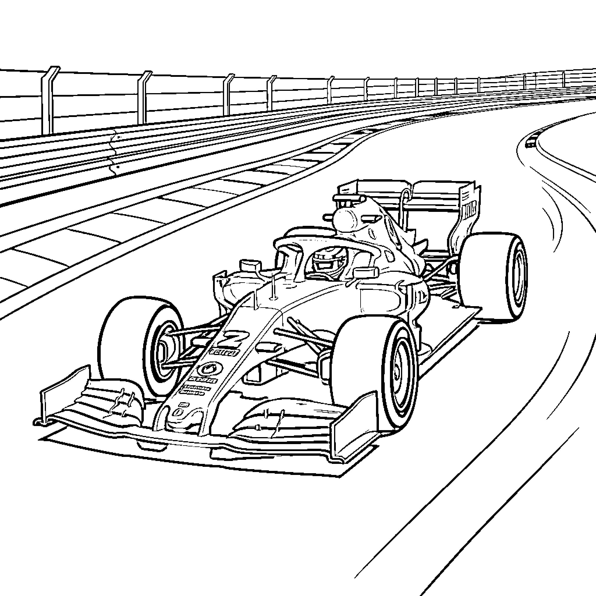 Formula 1 Race Car Speeding on the Track Coloring Page (free black-and-white line drawing printable PDF for all, from beginners to advanced learners, including children, teens, adults, and seniors)
