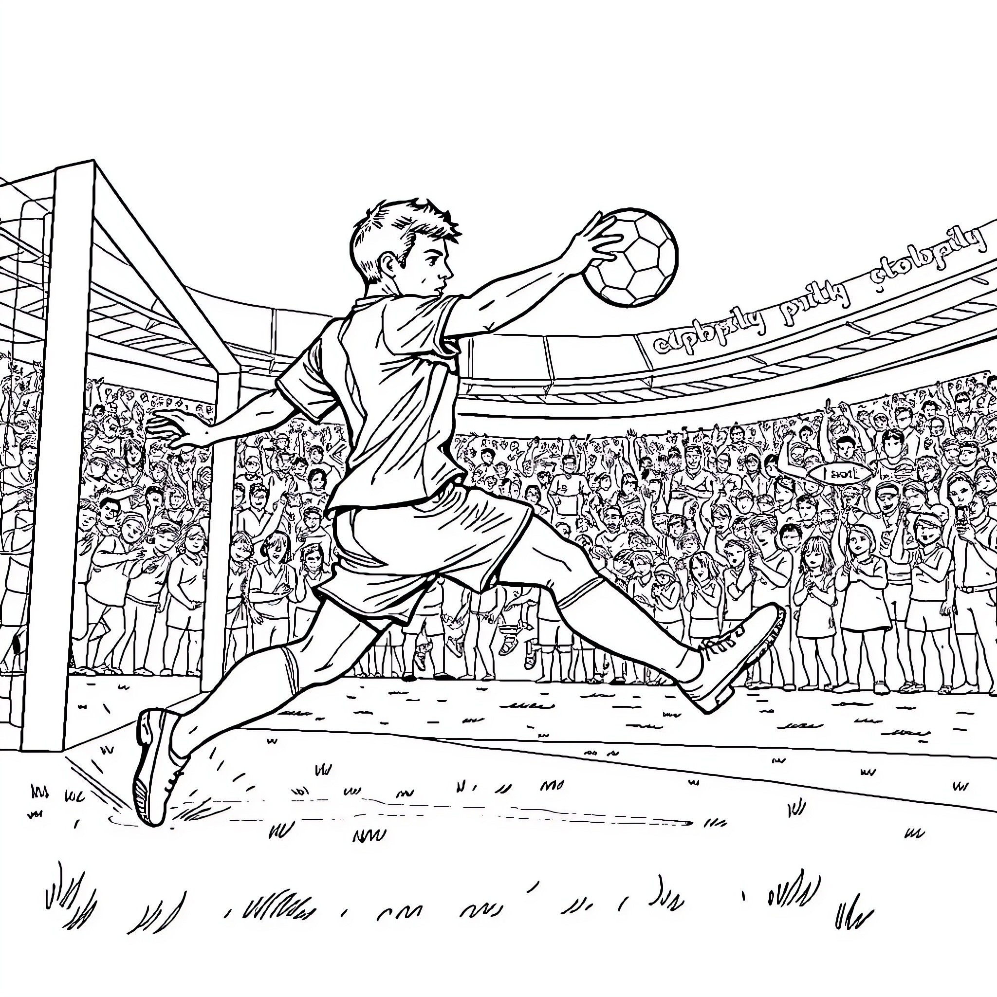 Football Player Scoring Decisive Goal in Intense Stadium Match Coloring Page (free black-and-white line drawing printable PDF for all, from beginners to advanced learners, including children, teens, adults, and seniors)