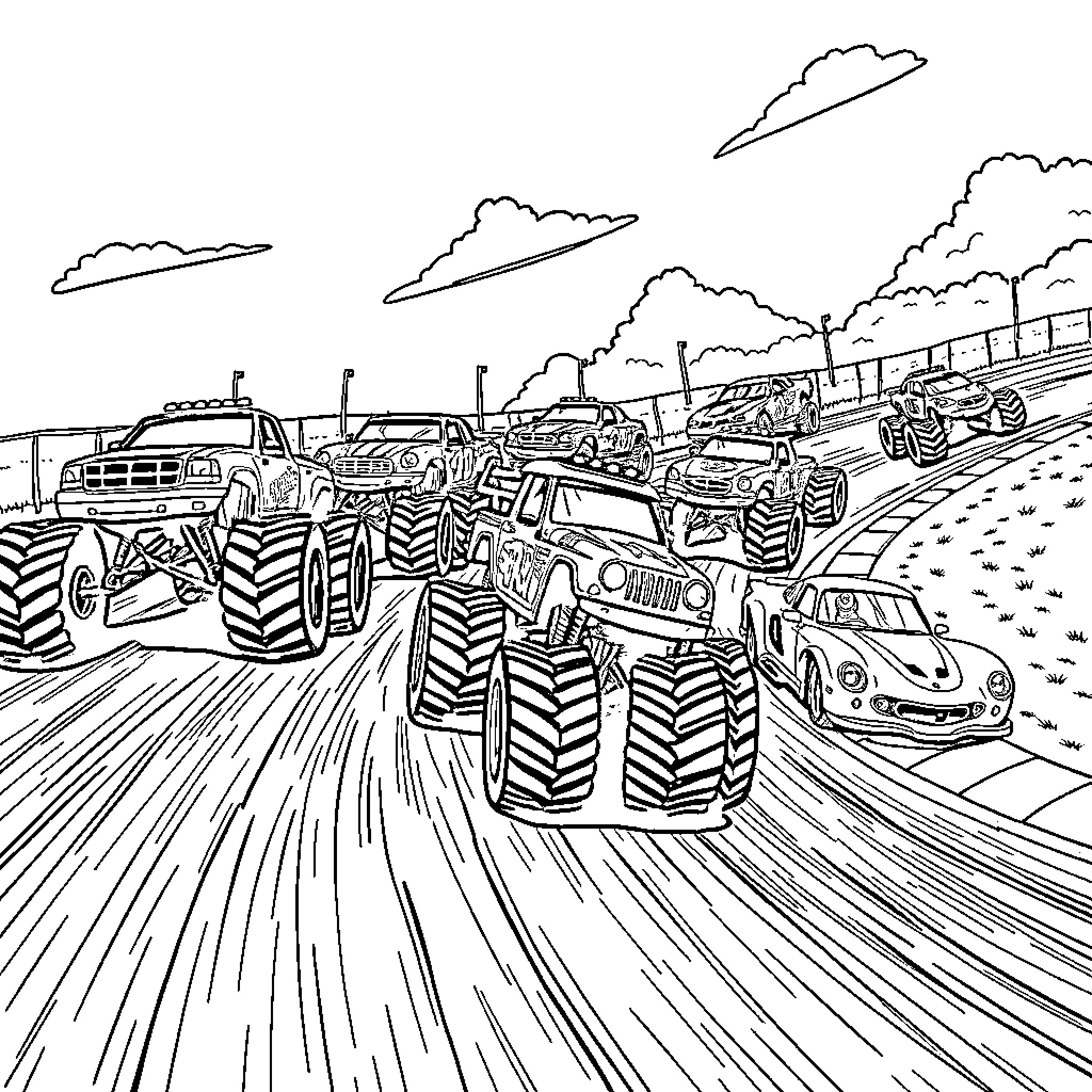 Monster Truck Lineup Races Down the Countryside Coloring Page (free black-and-white line drawing printable PDF for all, from beginners to advanced learners, including children, teens, adults, and seniors)