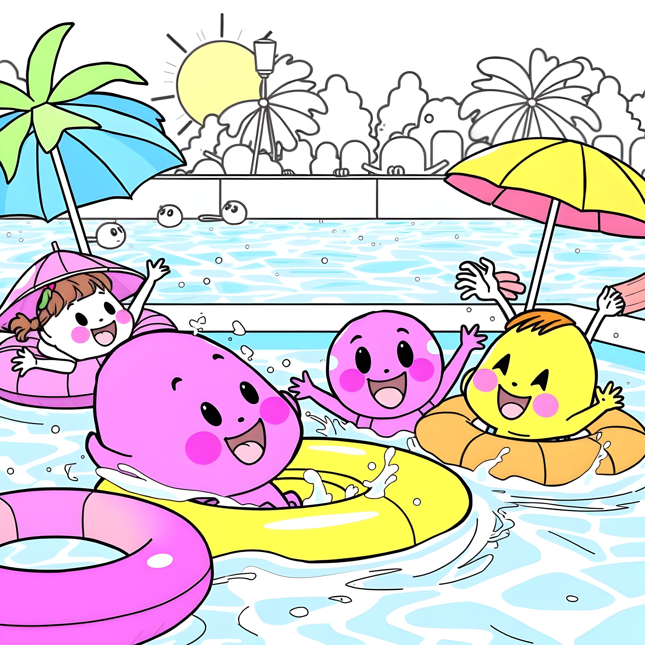 Cocomelon characters enjoying a sunny day at the beach Coloring Page (free black-and-white line drawing printable PDF for all, from beginners to advanced learners, including children, teens, adults, and seniors)