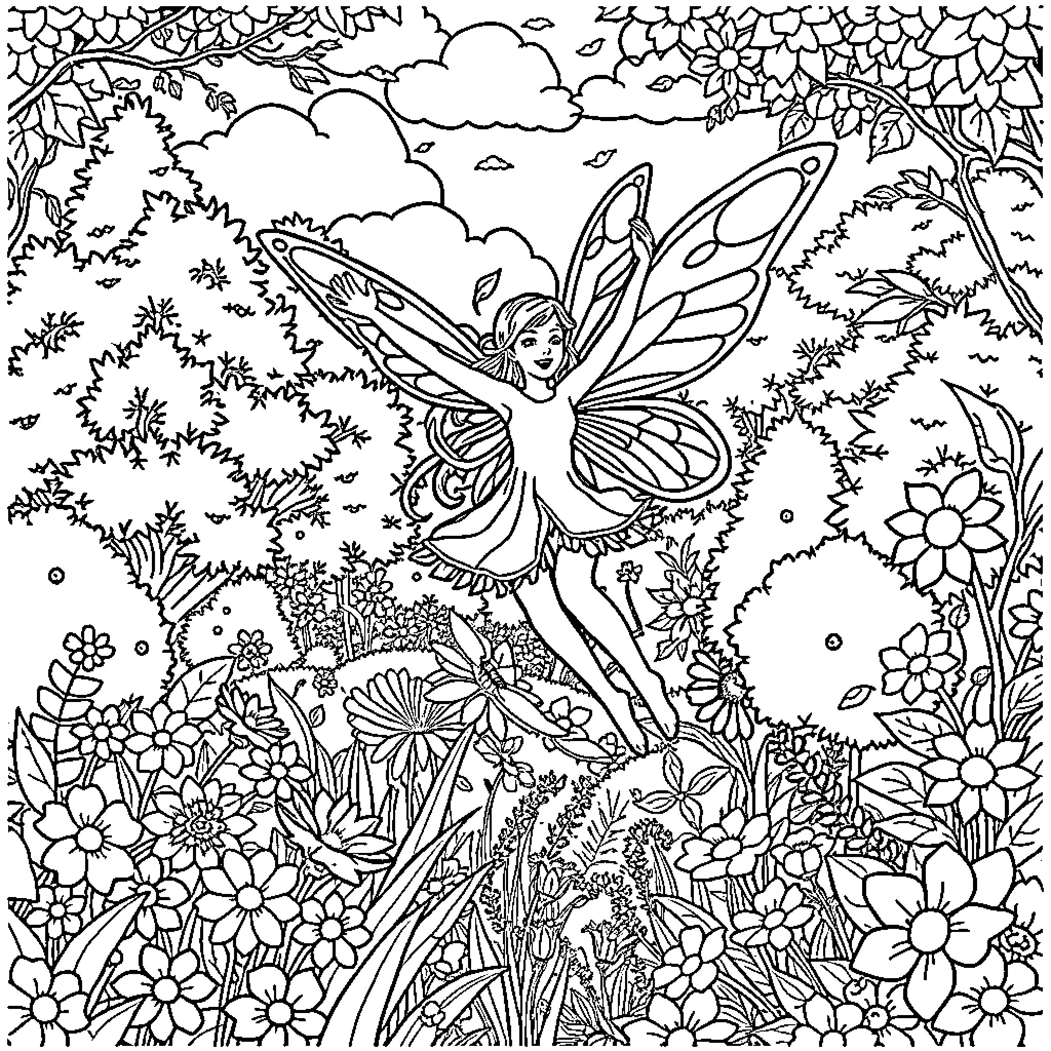 Fairy dancing gracefully in a magical forest Coloring Page (free black-and-white line drawing printable PDF for all, from beginners to advanced learners, including children, teens, adults, and seniors)