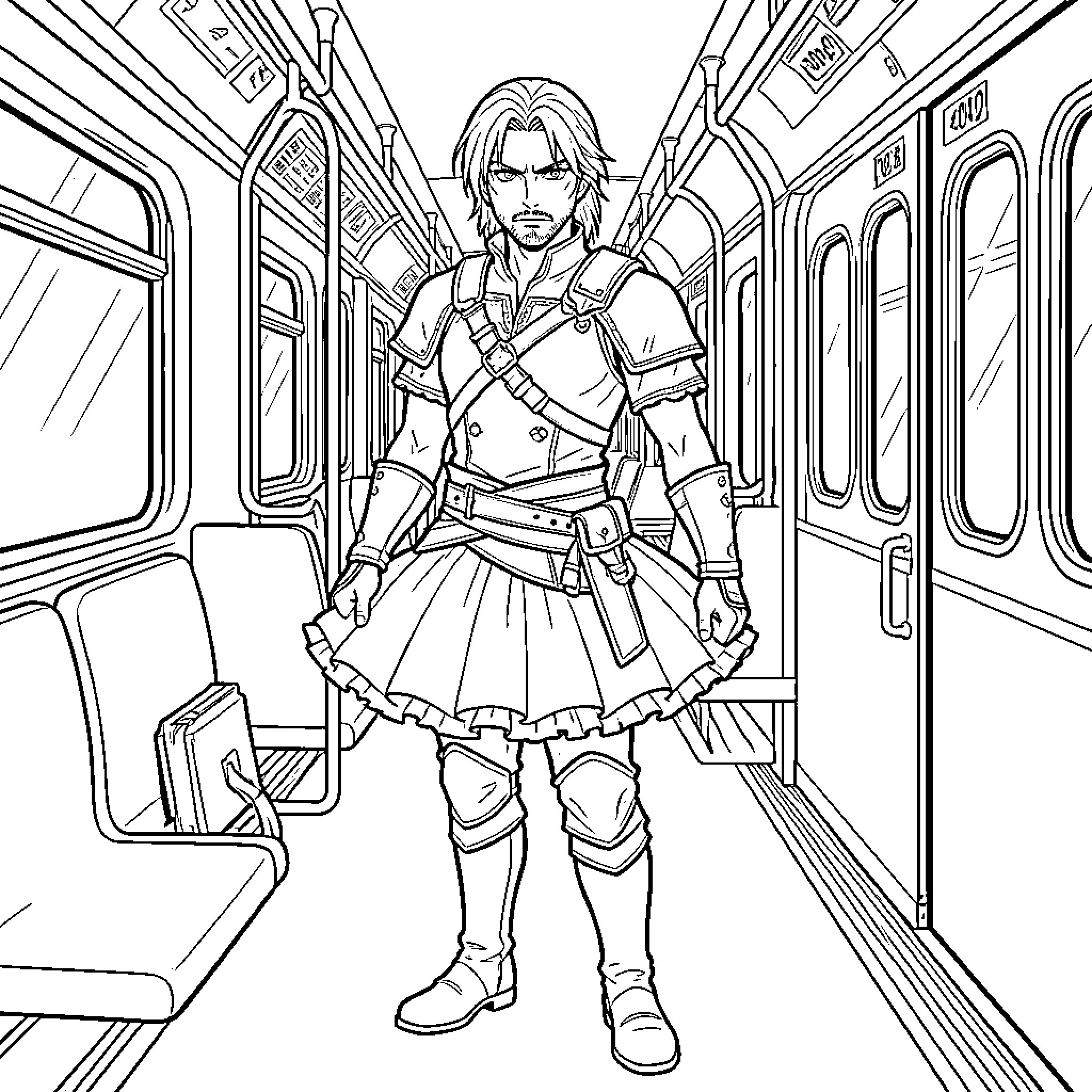 Ezio standing in a subway train wearing armored clothing Coloring Page (free black-and-white line drawing printable PDF for all, from beginners to advanced learners, including children, teens, adults, and seniors)