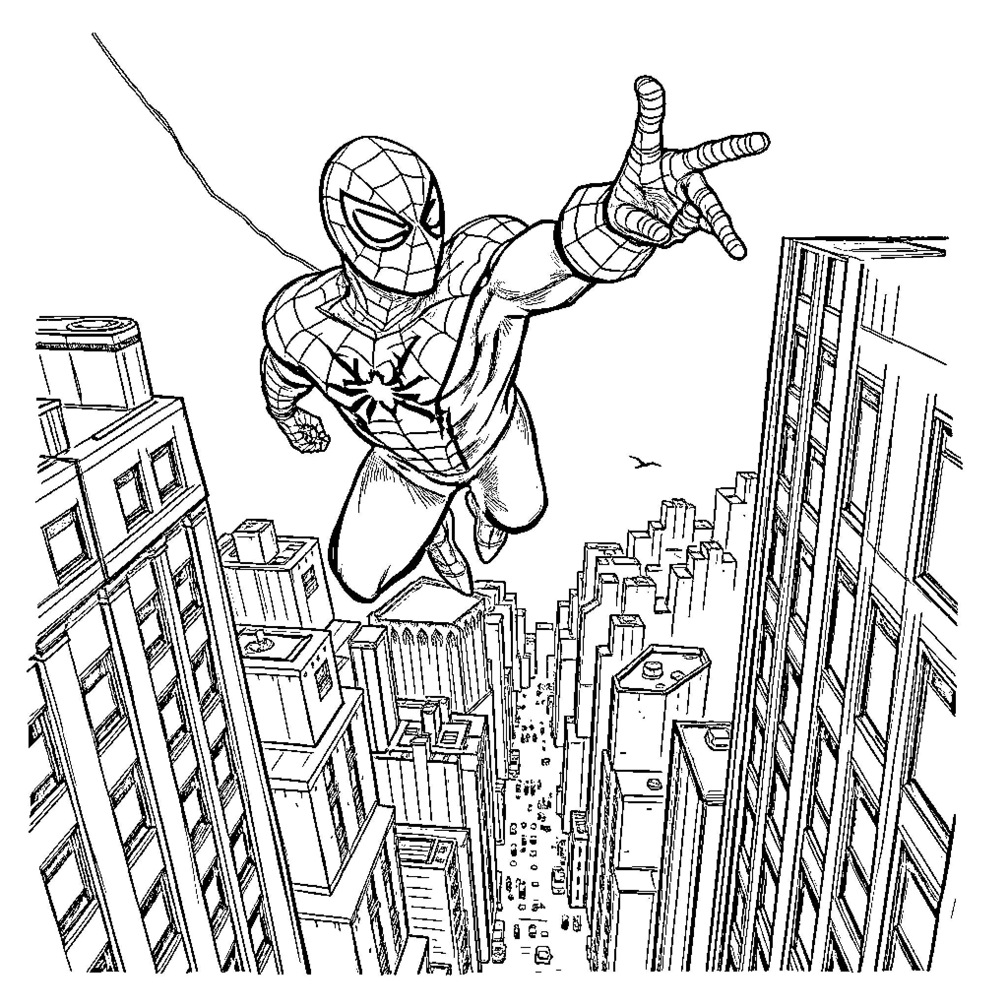 Spiderman swinging through the city skyline Coloring Page (free black-and-white line drawing printable PDF for all, from beginners to advanced learners, including children, teens, adults, and seniors)