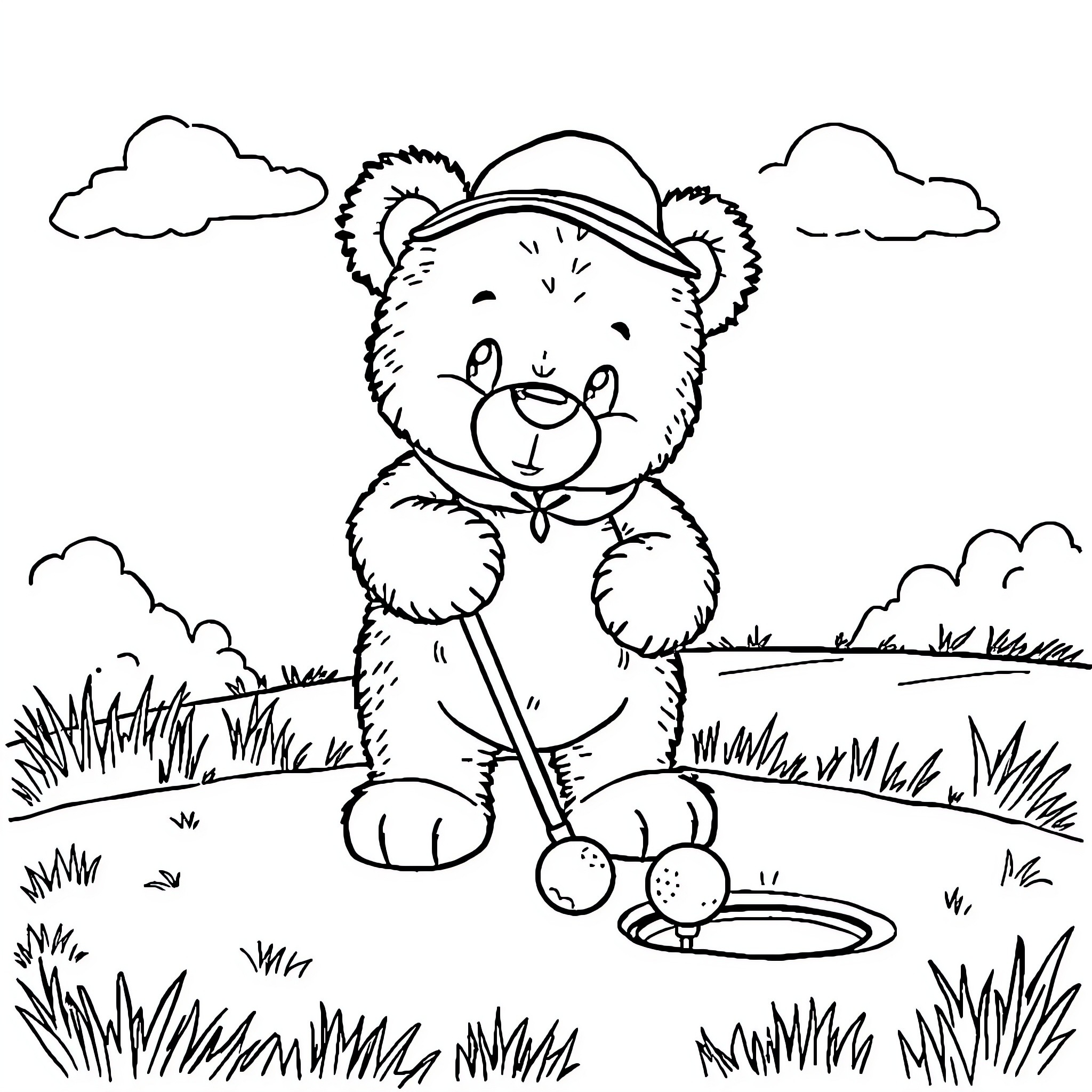 Teddy Bear Exploring the Outdoors Coloring Page (free black-and-white line drawing printable PDF for all, from beginners to advanced learners, including children, teens, adults, and seniors)